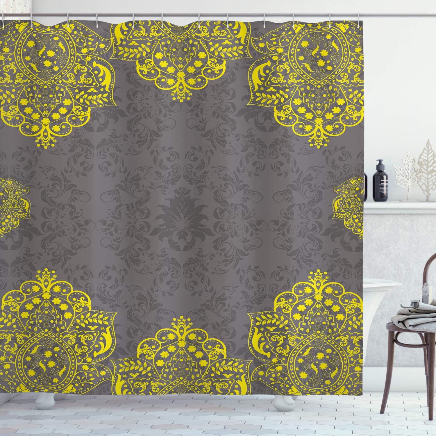 Ambesonne Grey and Yellow Shower Curtain, Traditional Victorian Style Abstract Backdrop Floral Frame Image, Cloth Fabric Bathroom Decor Set with Hooks, 69" W x 70" L, Grey Yellow