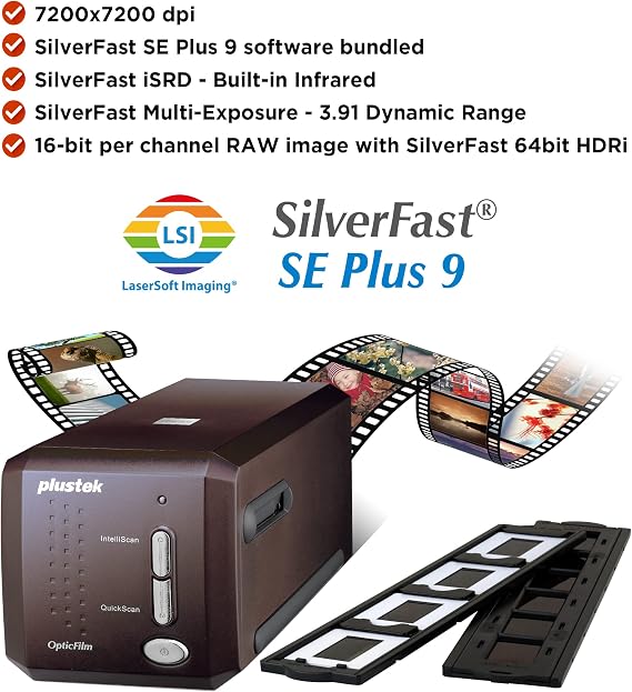 Plustek OpticFilm 8300i SE - 35mm Negative Film Stripe & Slide Scanner with 38% scan Speed Increase, Bundle SilverFast SE Plus 9 + QuickScan Plus, Support Mac and Windows. | 35mm Film & Slide Scanner. 7200 dpi / 48-bit Output, Integrated Infrared Dust/Scratch Removal. Bundle Silverfast SE Plus 9