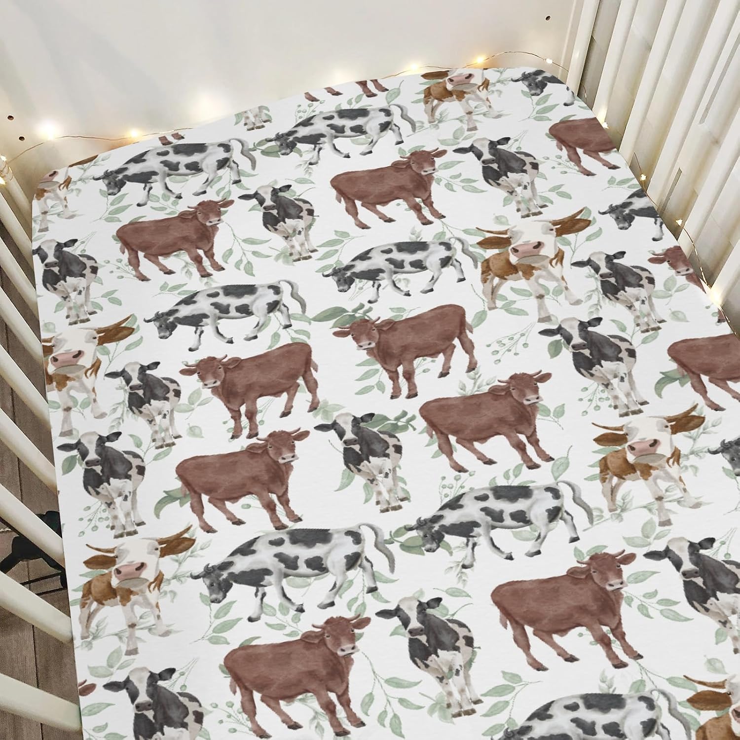 Vintage Cows Boho Leaves Baby Crib Sheets for Boy Girl 28"x52" Farmhouse Cow Lovers Gift Soft Snug Fitted Crib Mattress Cover Spring Farm Animal Baby Sheet for Standard Crib & Toddler Mattress