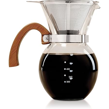 Fino Pour-Over Coffee Maker, Borosilicate Glass and Bamboo Handle, Stainless Steel Filter, 4-Servings, 22-Ounce Capacity