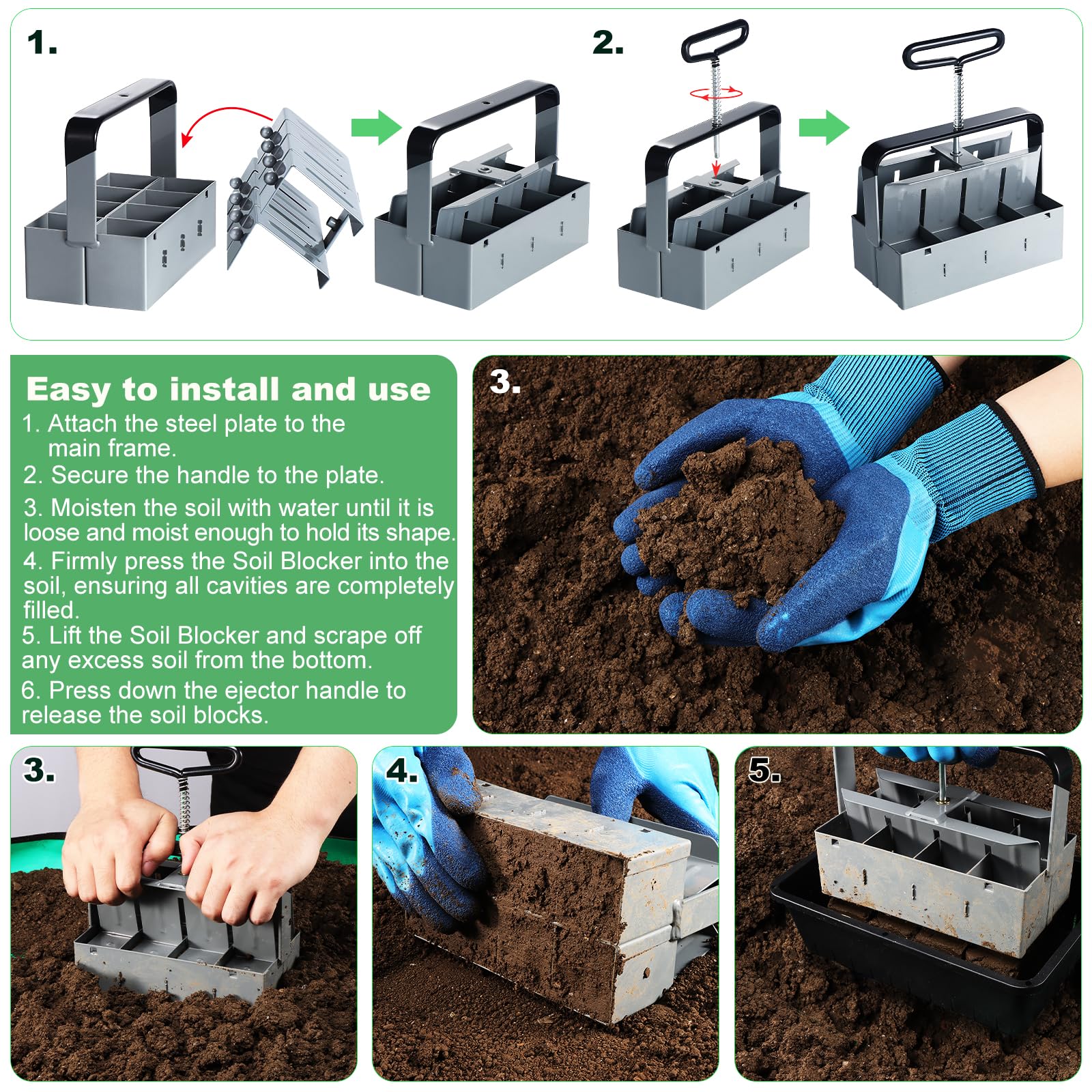 Lot de 8 presses manuelles de terreau - Bloqueur de sol de 5 cm - Avec jeux d'outils de sciage - Kit d'outils de plantation pour planter, semis, culture, serre de jardin