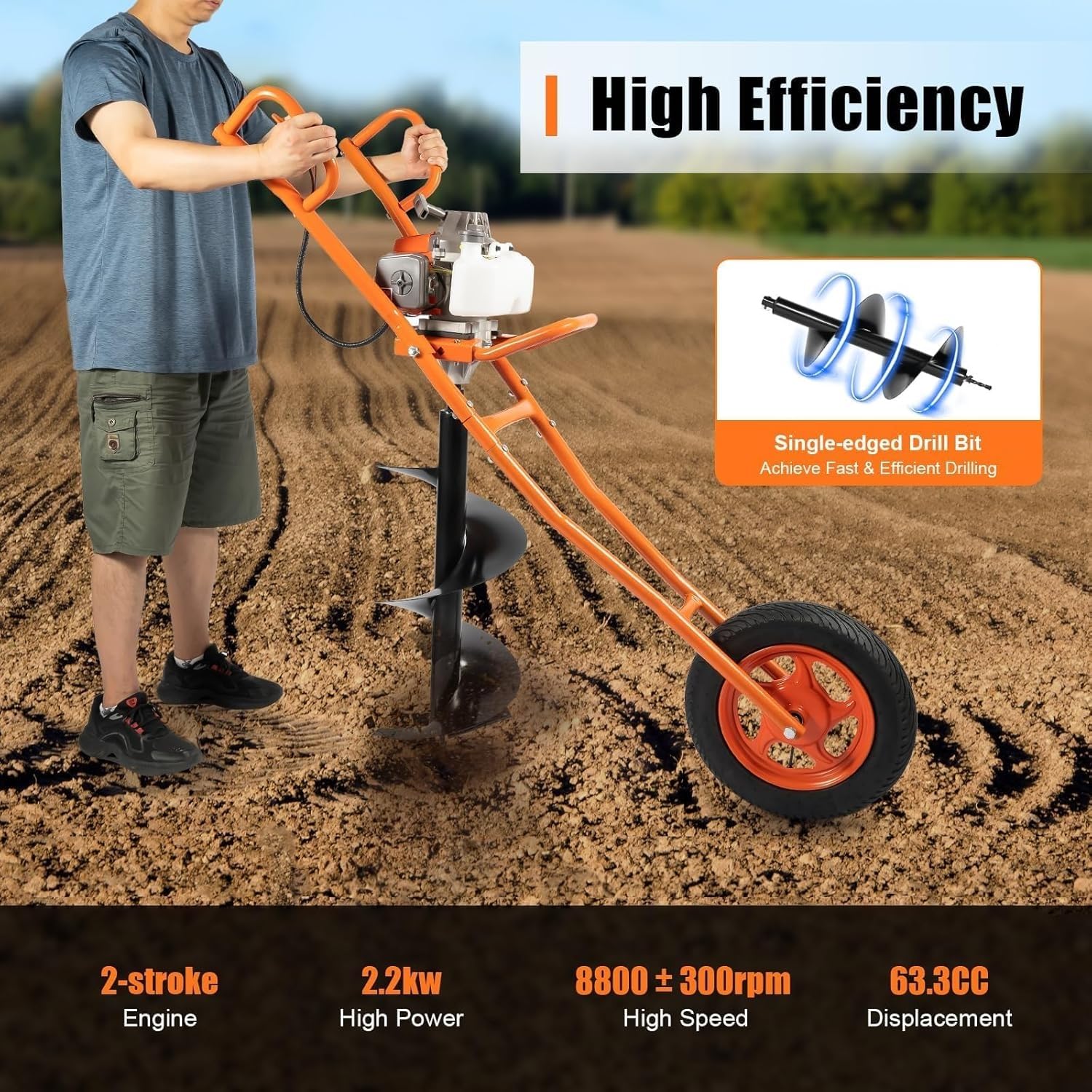 Ahoyador de tierra a gasolina de 63 cc y 2 tiempos con carro con ruedas (incluye broca de 4 pulgadas) — Apto para proyectos agrícolas, de jardinería y de construcción.