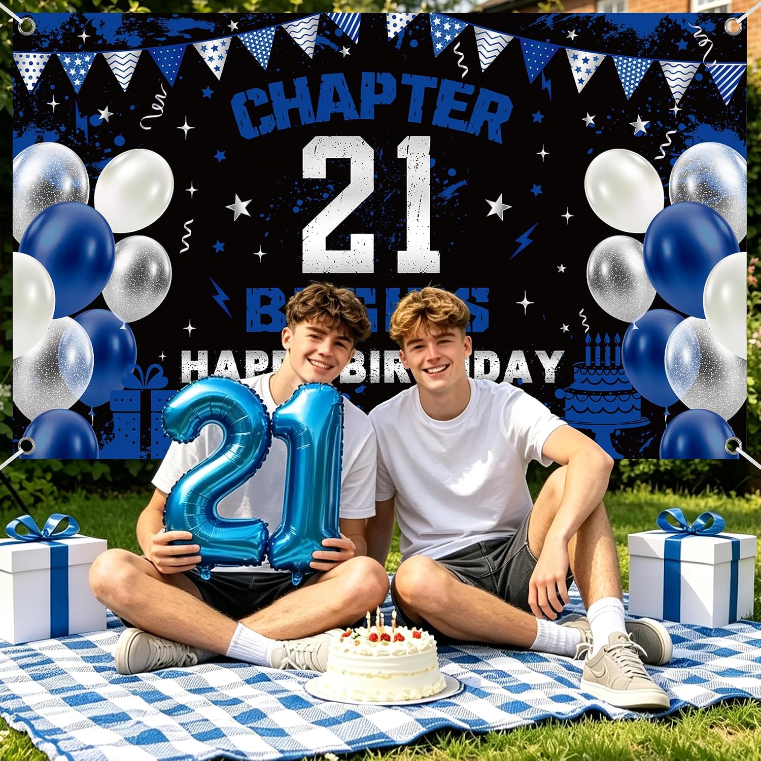21st Birthday Banner 71 x 43 Inch, Blue Silver Chapter Begins Decor image 5