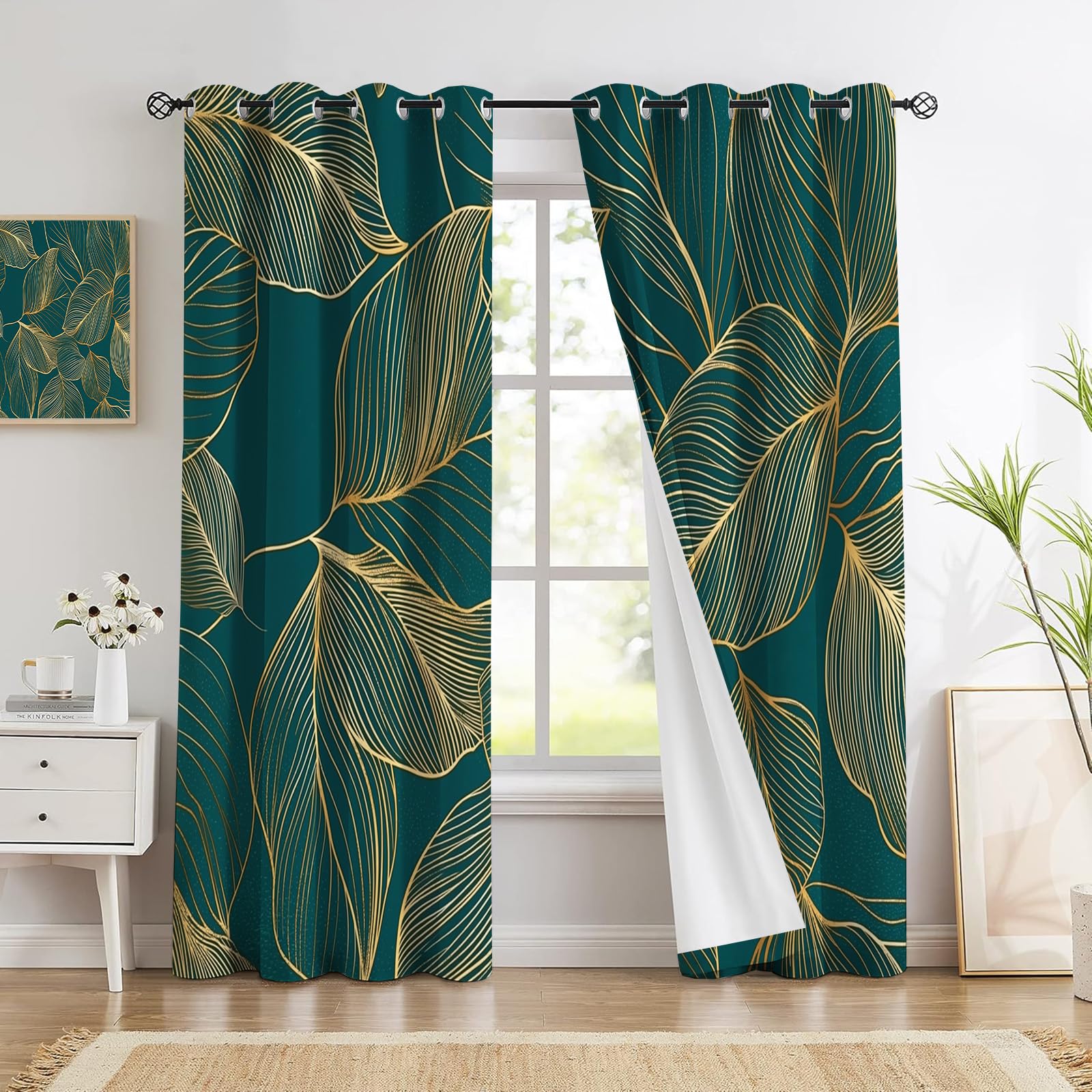Rideau occultant vert émeraude 140x225 et draperies intérieures feuilles or pour chambre