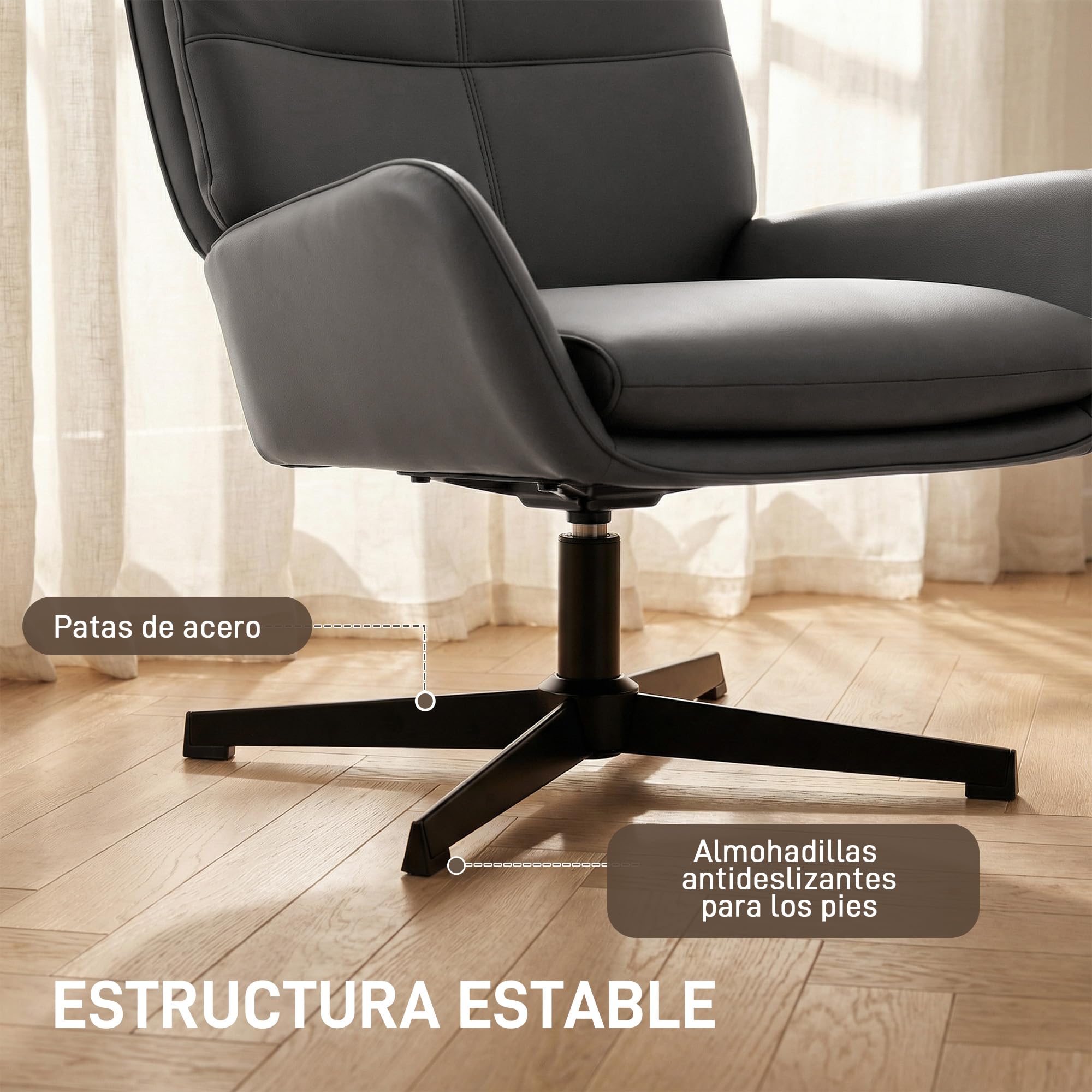 HOMCOM Sillón Giratorio, Butaca de Salón Tapizado en PU, Sillón Lectura con Asiento Acolchado, Reposabrazos, Patas Metálicas, para Sala de Estar, Dormitorio, Gris