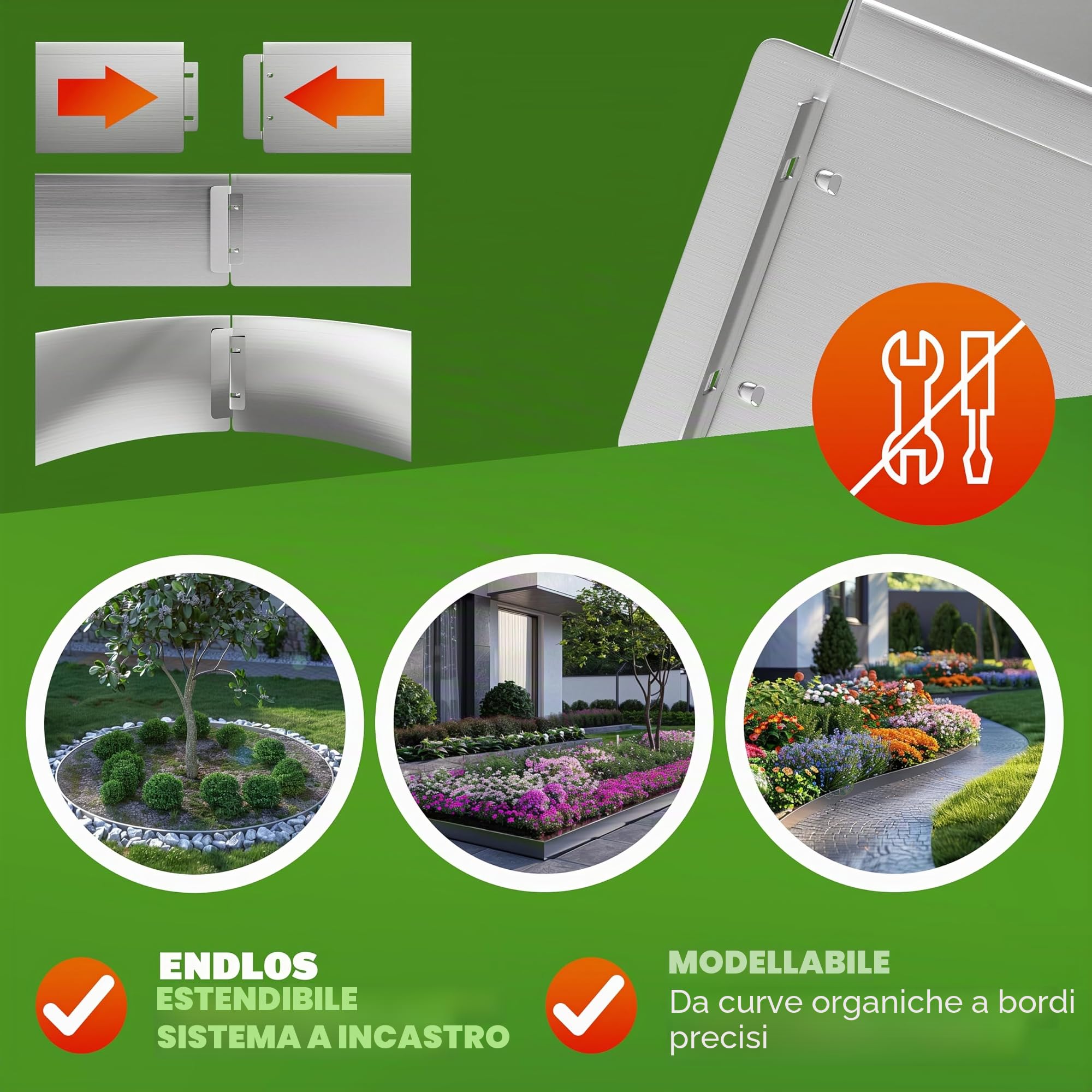 GARDEBRUK® Recinzione Prato 5m 100x14cm in Metallo Zincato Bordo Giardino Delimitazione Aiuole Bordi a Incastro