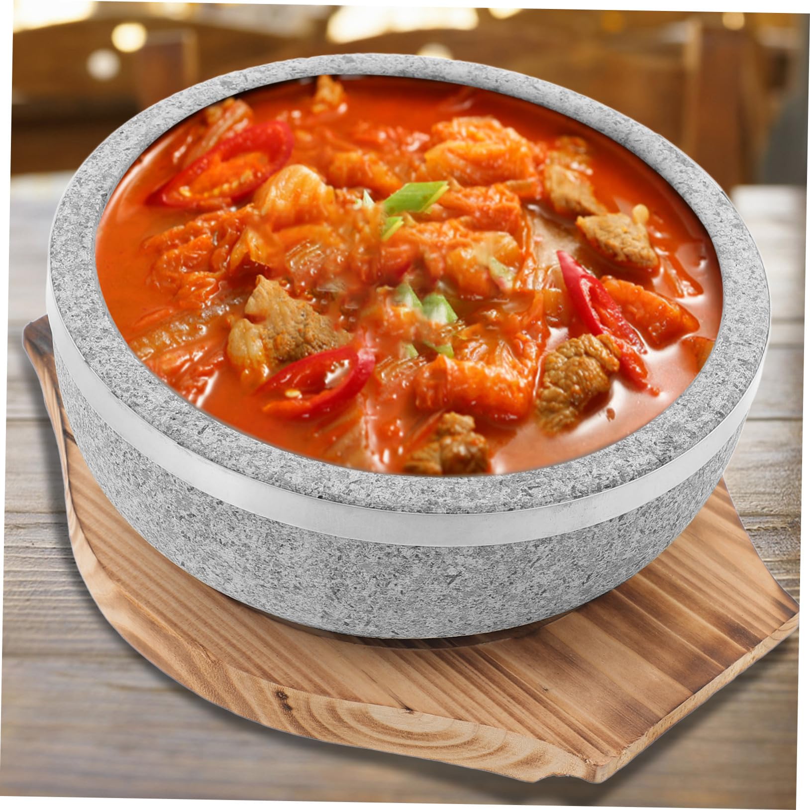 Naturalny Kamienny Garnuszek Do Koreańskiej Kuchni Bibimbap z Drewnianą Podstawką Odporny Wysoką Temperaturę bez Powłoki Idealny Do Gotowania i Serwowania Domu