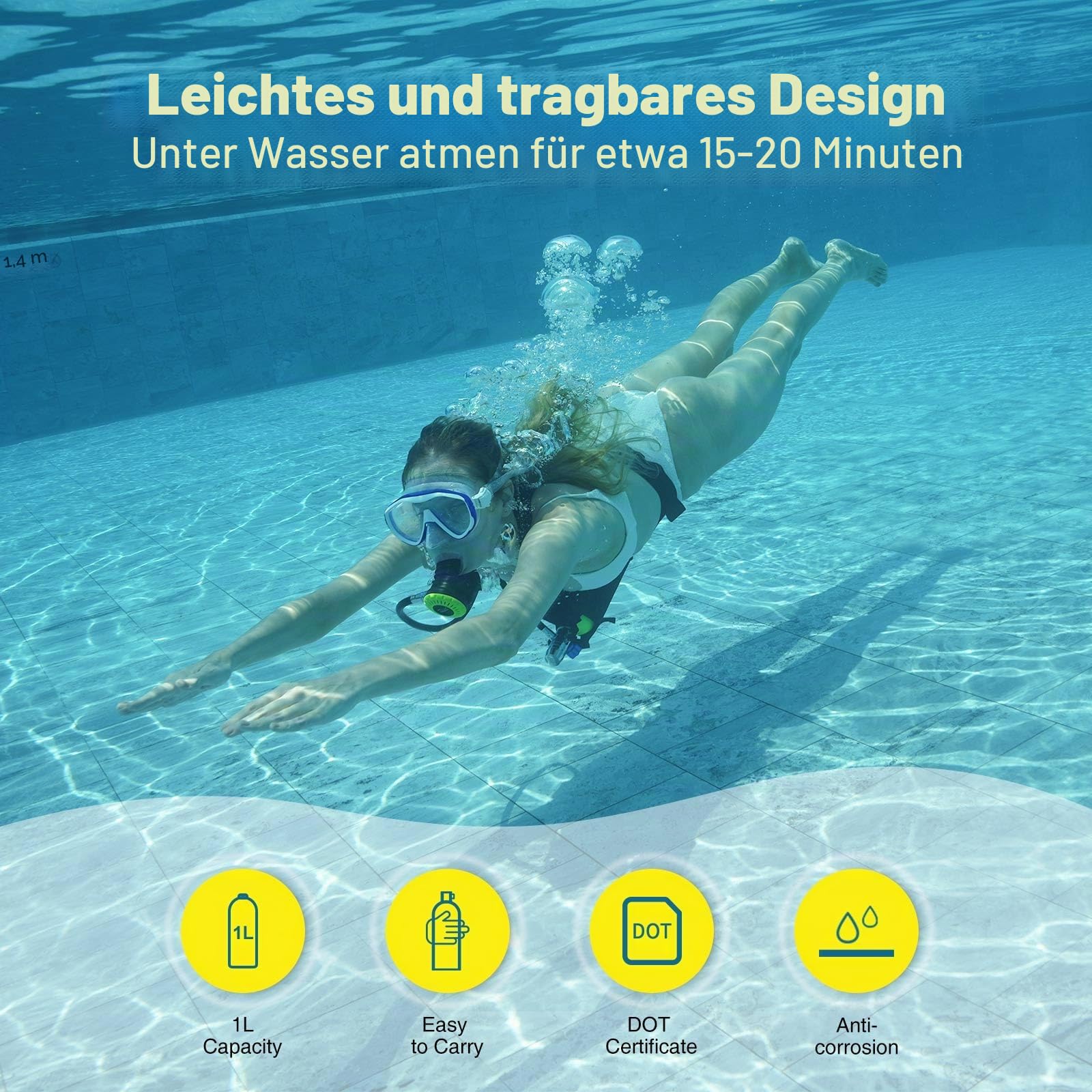 Mini Tauchflasche Sauerstoffflasche 1L Tauchflasche Mini Tauchen Sauerstofftank Taucher Set Tragbare Tauchausrüstung A3 Grün
