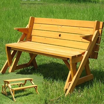 2 in 1 Convertible Picnic Bench Table Set, Collapsible Outdoor Patio Dining Table Garden Bench with Umbrella Hole, Convertible Picnic Table and Garden Bench, for Garden, Backyard, Porch, Patio