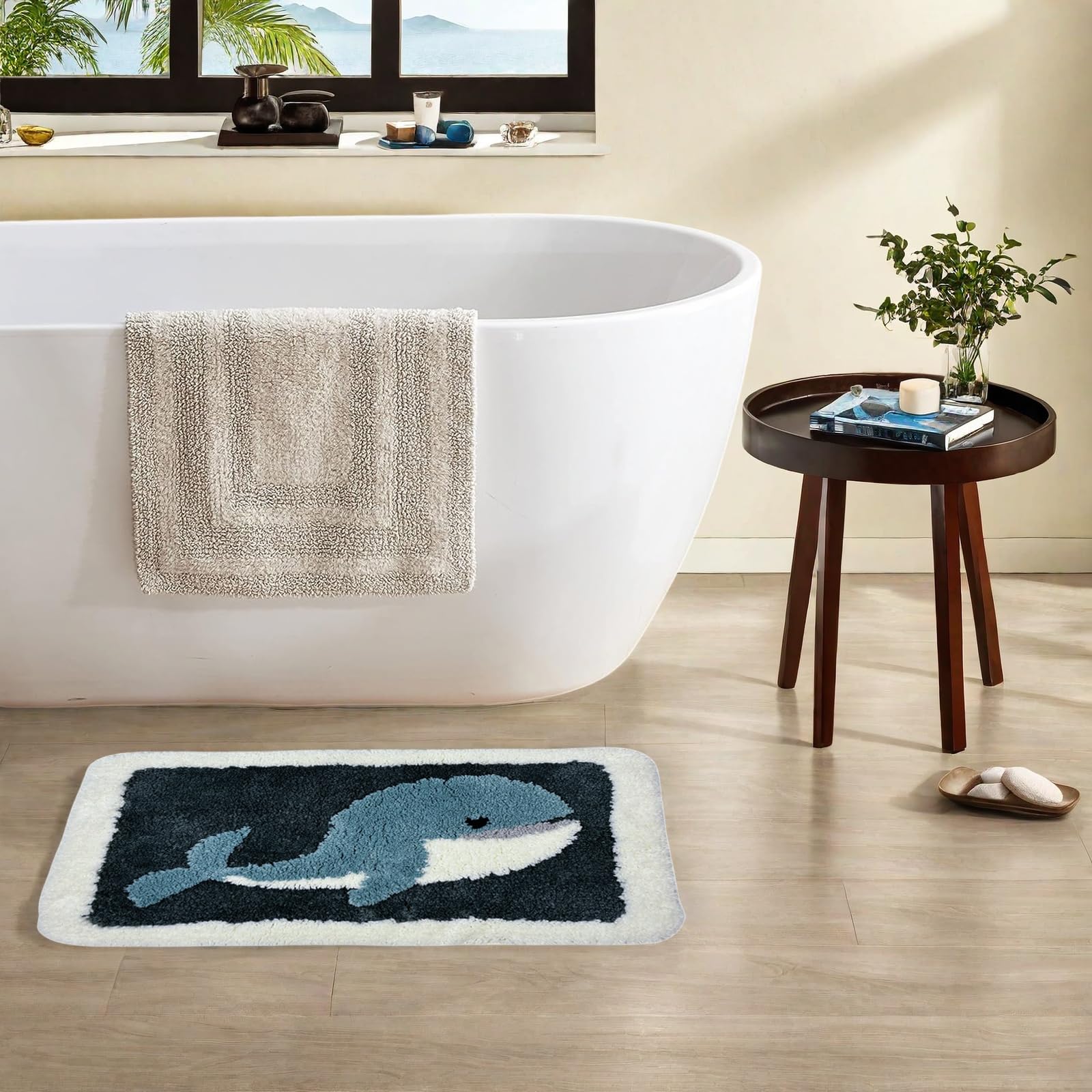 Alfombra de baño de microfibra con diseño de ballena, alfombra de baño para niños, decoración náutica con peces y océano, antideslizante, suave, absorbente, lavable a máquina, tapete de baño 4