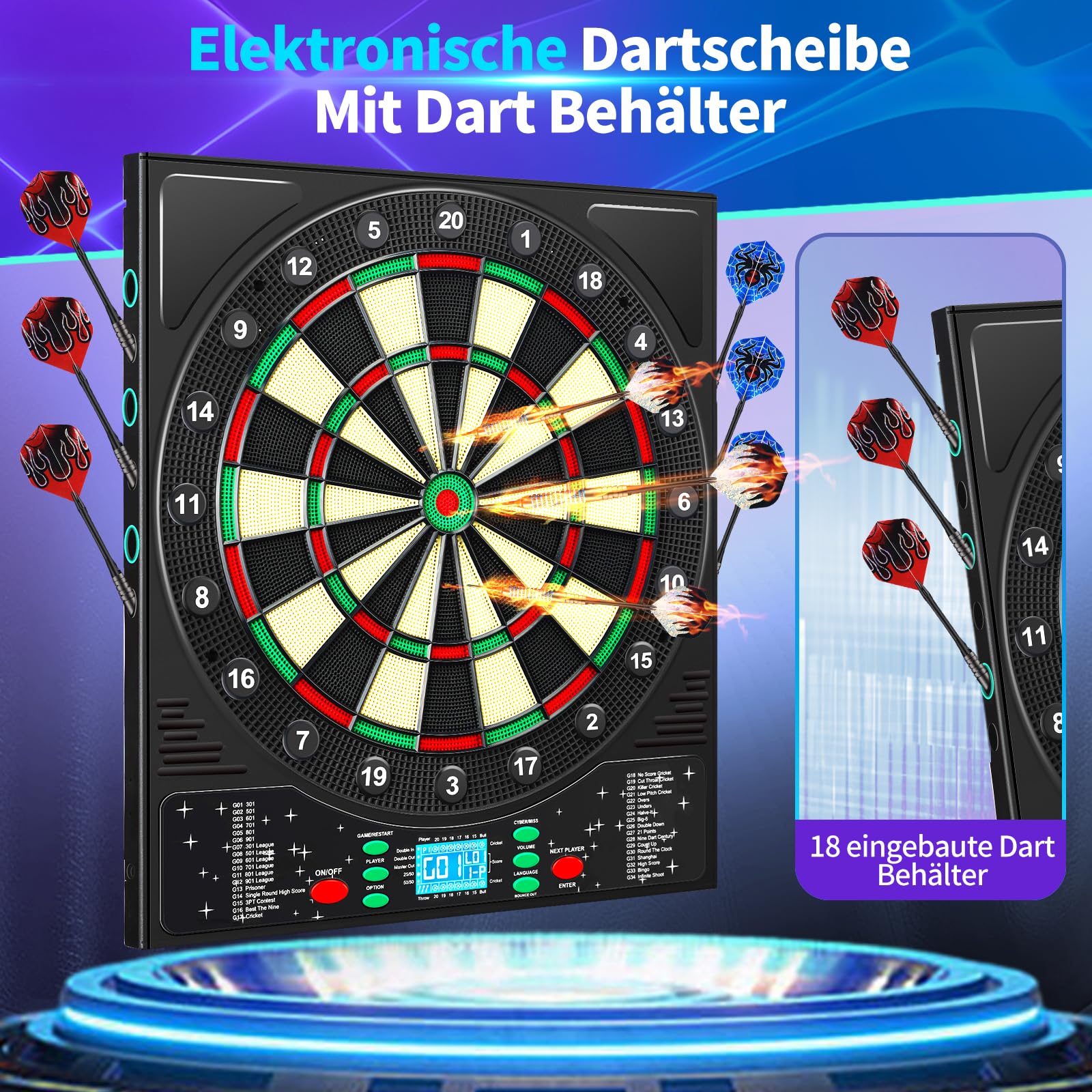 Dartscheibe Elektronisch Profi mit Deutsche Stimme&12 Dartpfeil, Elektronische Dartscheibe mit LCD-Bildschirm, 34 Spiele&355 Variationen, E Dartscheibe Elektronische Dartboard für 1-8 Spieler