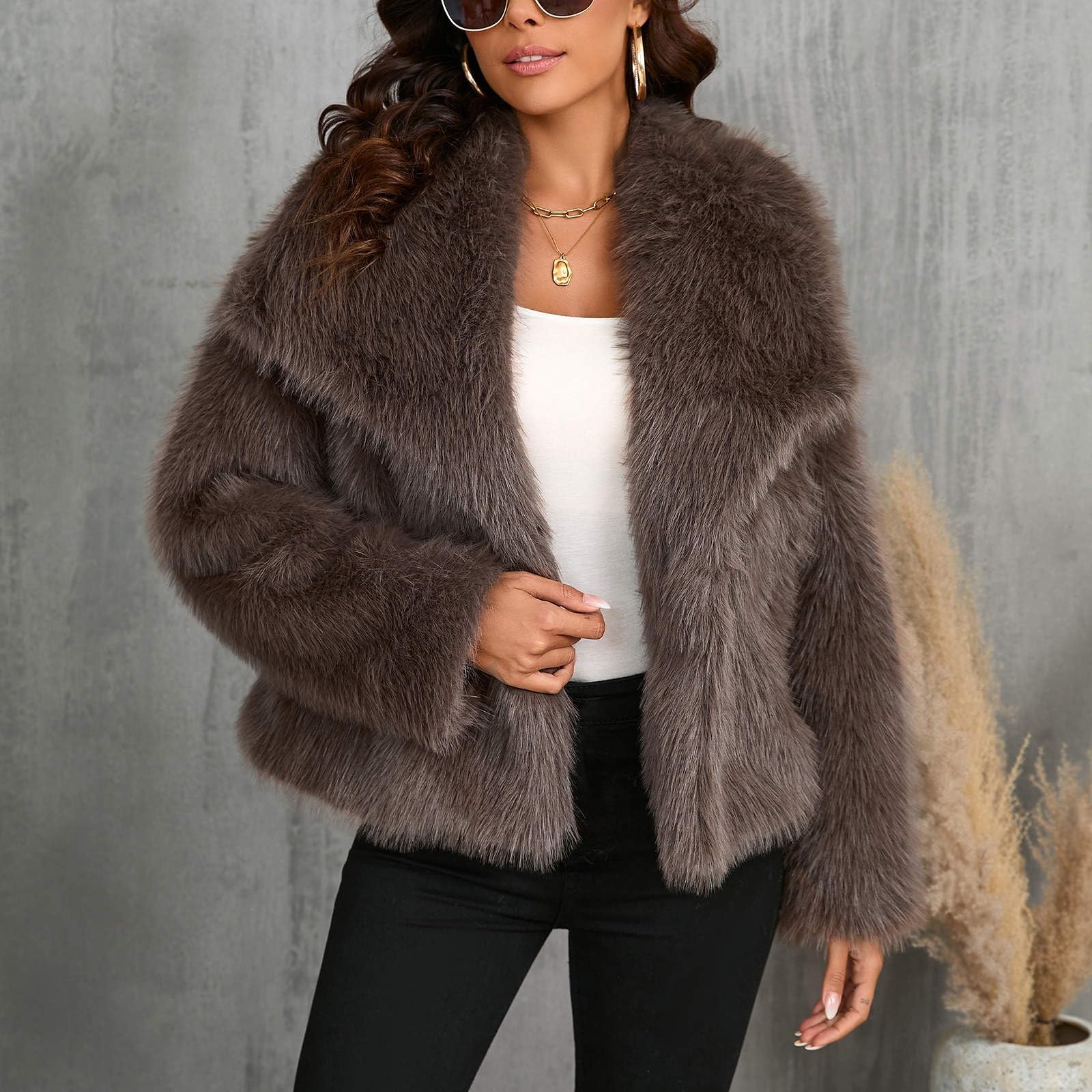 Plüschjacke Damen Winter Pelzkragen Jacke Warm Plüschmantel Elegante Teddymantel Warm Sweatshirt Outwear Langarm Winterjacke Fleecemantel mit Reißverschluss Slim Fit Übergangsjacke