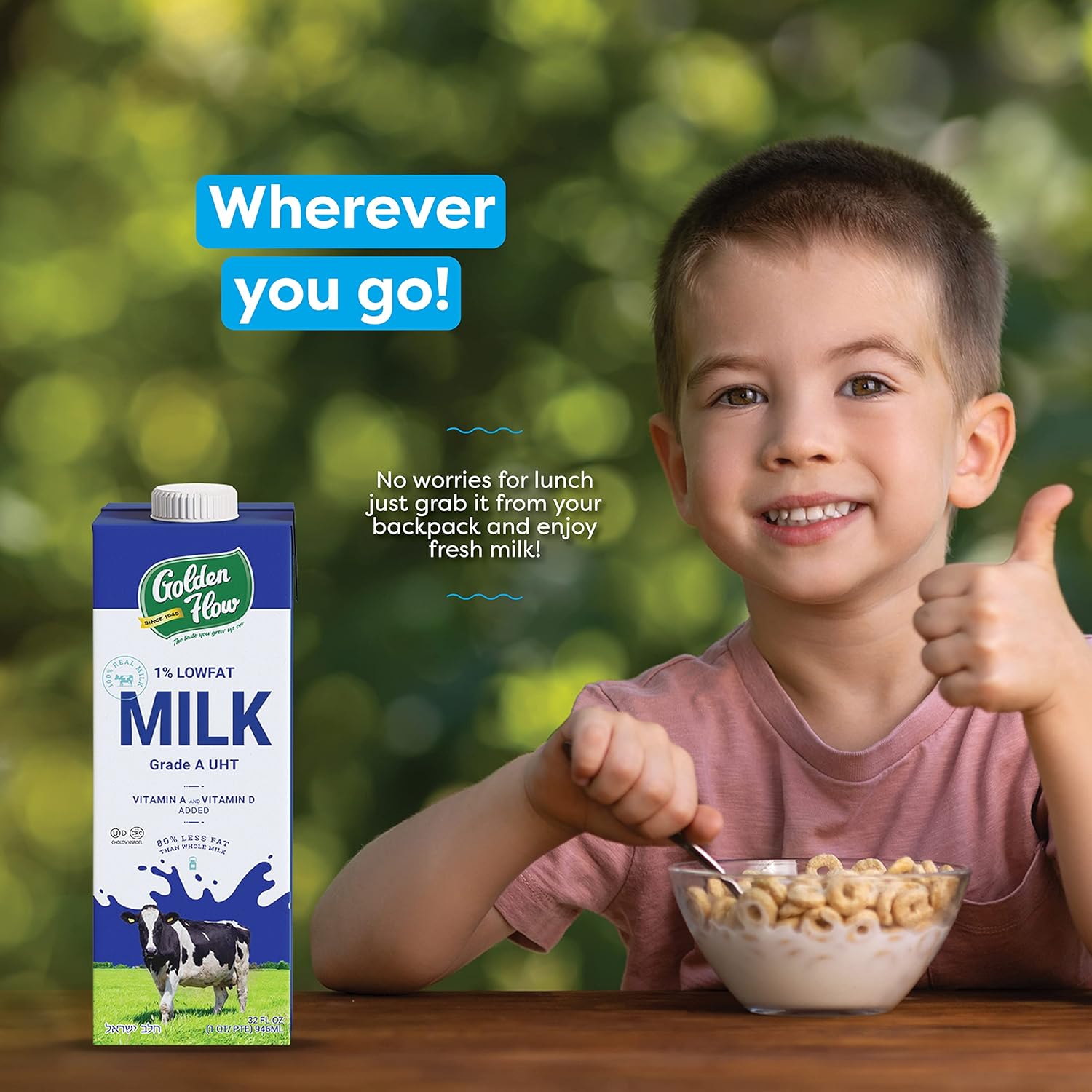 Golden Flow Shelf Stable Milk -1% Low Fat UHT Milk - 6 Pack Fortified with Vitamins A & D –No Refrigeration Needed, 32 Fl. OZ - Kosher Cholov Yisroel