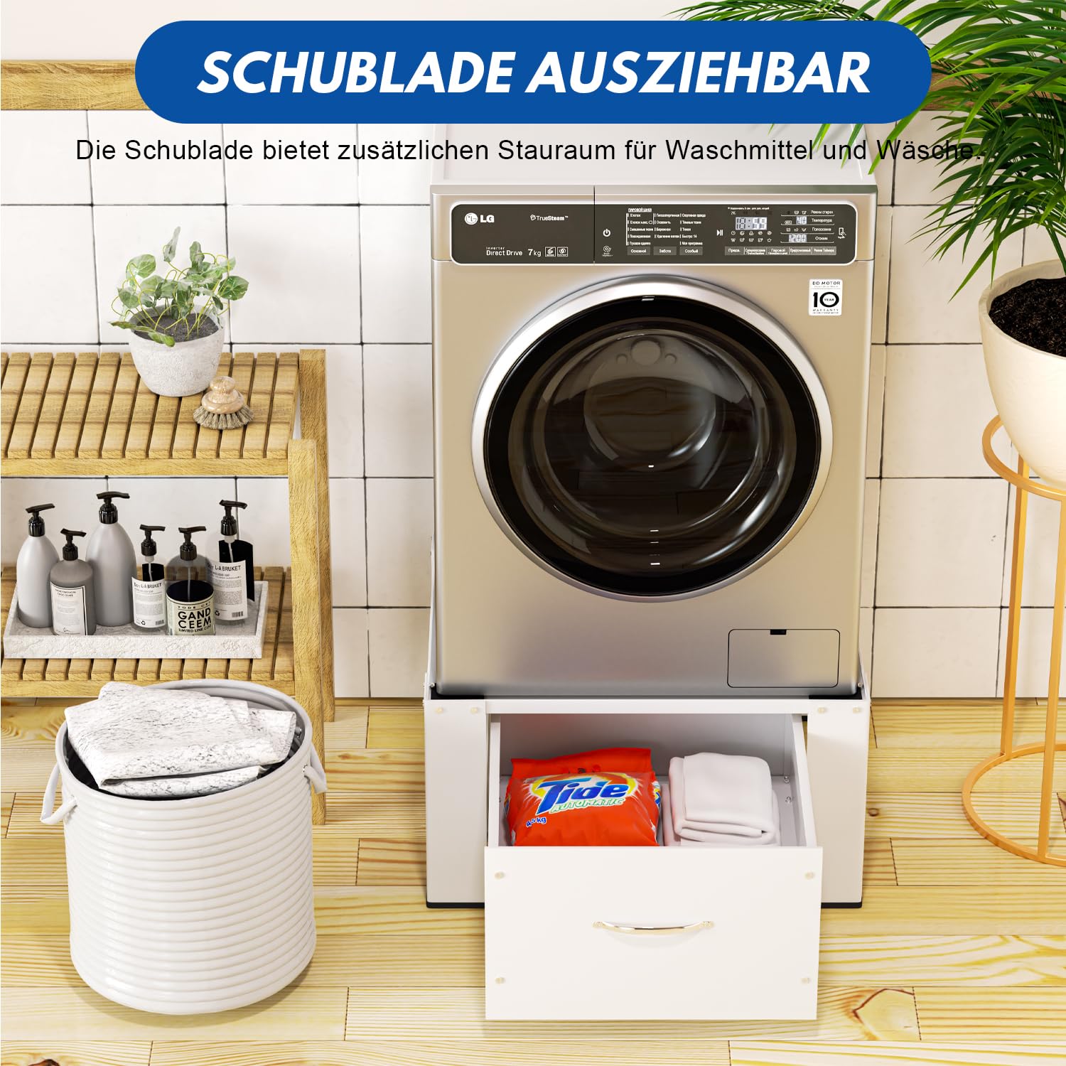 Fiqops Waschmaschinen Untergestell mit Schublade bis 150kg, waschmaschinen-erhöhung mit Schublade, Waschmaschinen-Unterschrank Sockel max. Stahl Podest 62.5x54.5x32.5cm Weiß