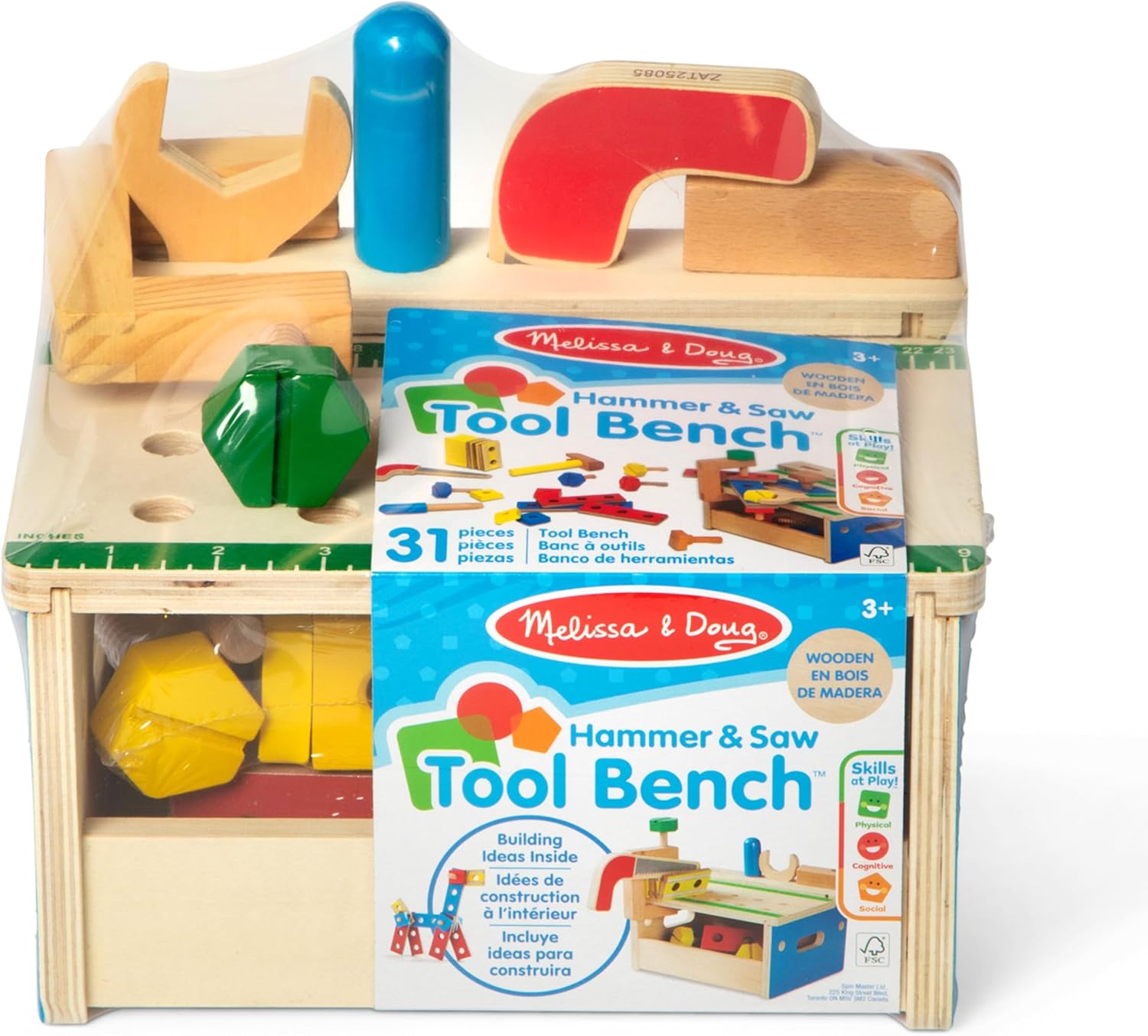 Melissa & Doug Hammer and Saw Tool Bench - Wooden Building Set (32 pcs),Multicolor,1Size
