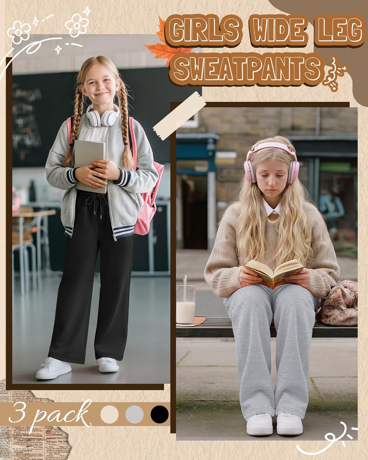 3 Pack Girls' Sweatpants Straight Wide Leg Kids Drawstring Casual Joggers Teen Loose Athletic Pants with Pockets