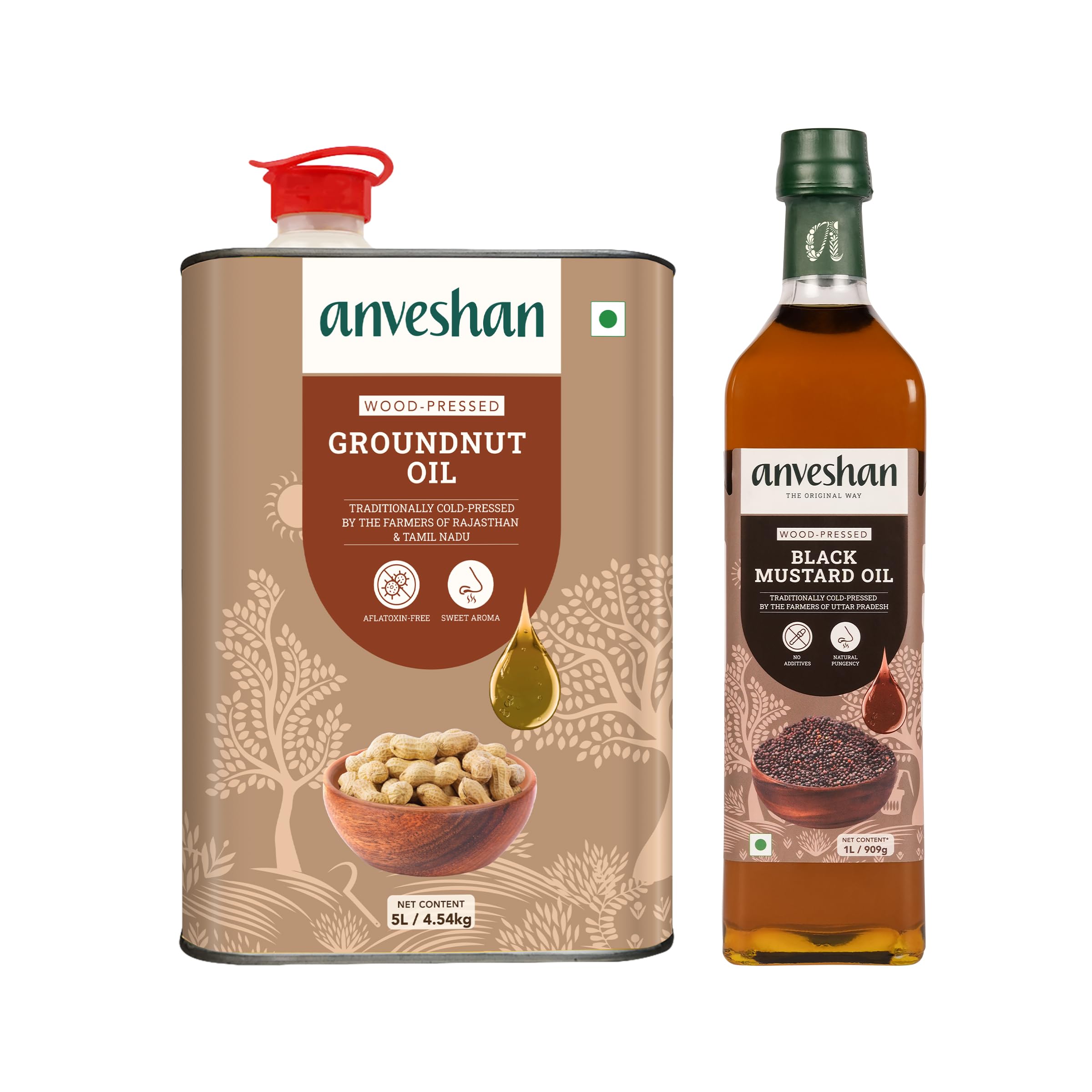 Anveshan Combo of Wood Pressed Groundnut Oil 5L and Black Mustard Oil 1L | Kolhu/Kacchi Ghani/Chekku | Natural | Chemical-Free | Cold Pressed Oil for Cooking