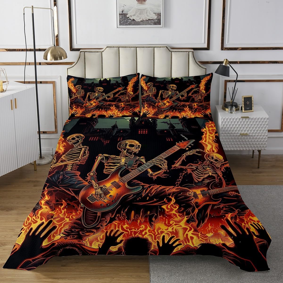 Erosebridal Gothic Skeleton King Quilt Bedding Set,Music Theme Guitar Bedspread Kids Funny Halloween Decor,Horror Castle Skeleton Skull Quilts Bed Set Hip Hop Band Rock Trippy Coverlet Set 3Pcs