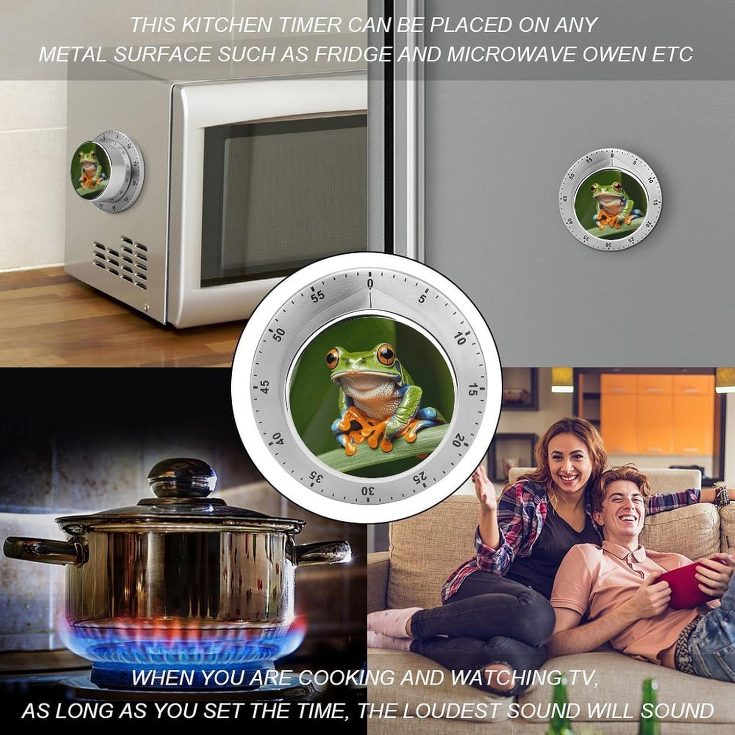 Peace Tree Frog Timer Stainless Steel Kitchen Timers Waterproof & Rust-Proof 60 Minute Mechanical Timer with Loud Alarm for Cooking, Baking, Fitness