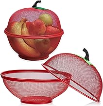 Apple Shaped Fruit Basket with Lid Cover – Metal Wire Mesh Fruit & Vegetable Storage Container for Kitchen Counter | Covered Fruit Holder with Drain Strainer for Fruits, Vegetables & Snacks (Red)