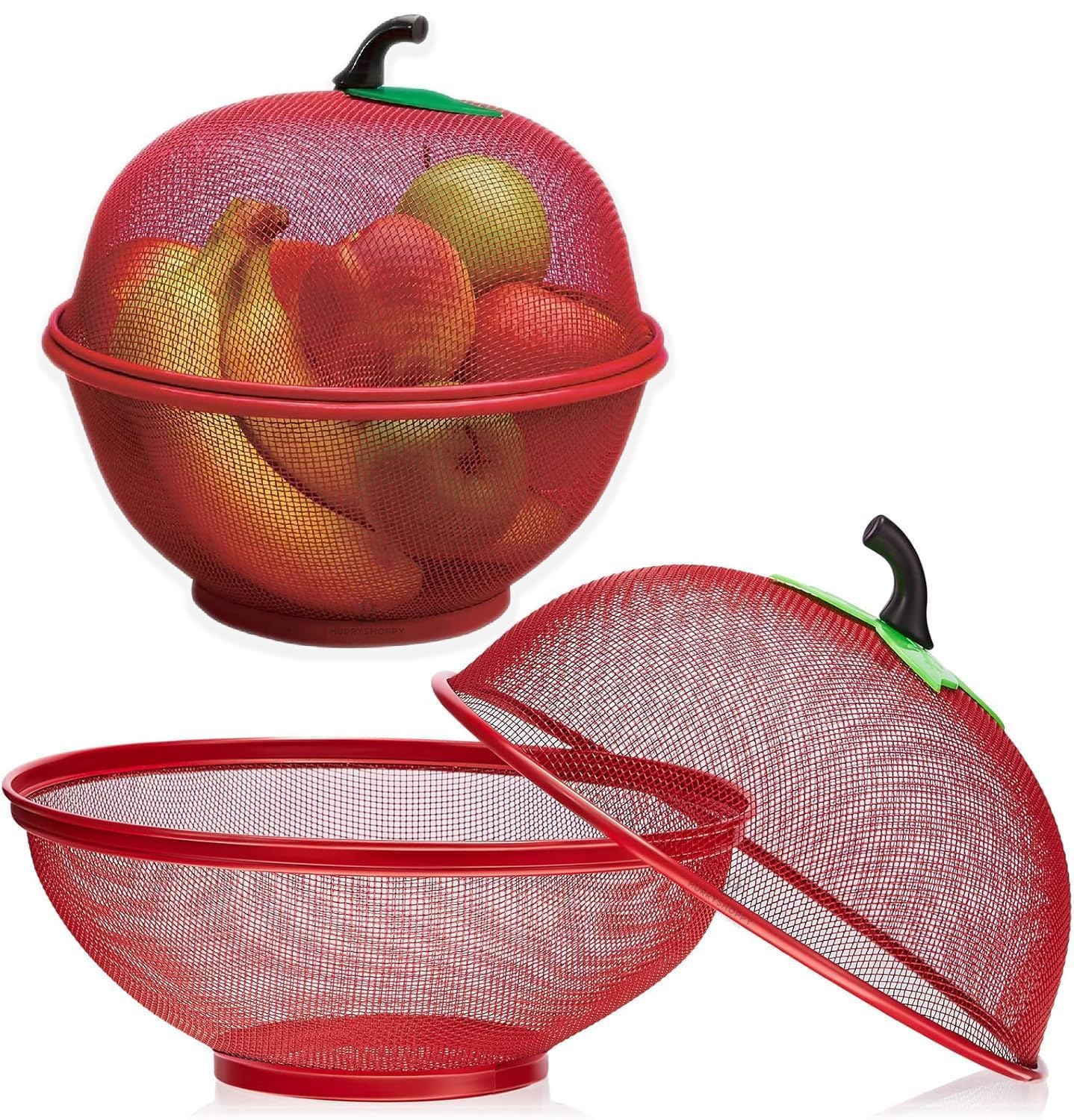 DOEASY Apple-Shaped Mesh Fruit Basket, Red Metal Storage Bowl with Lid, Decorative Kitchen Container for Fruits and Vegetables