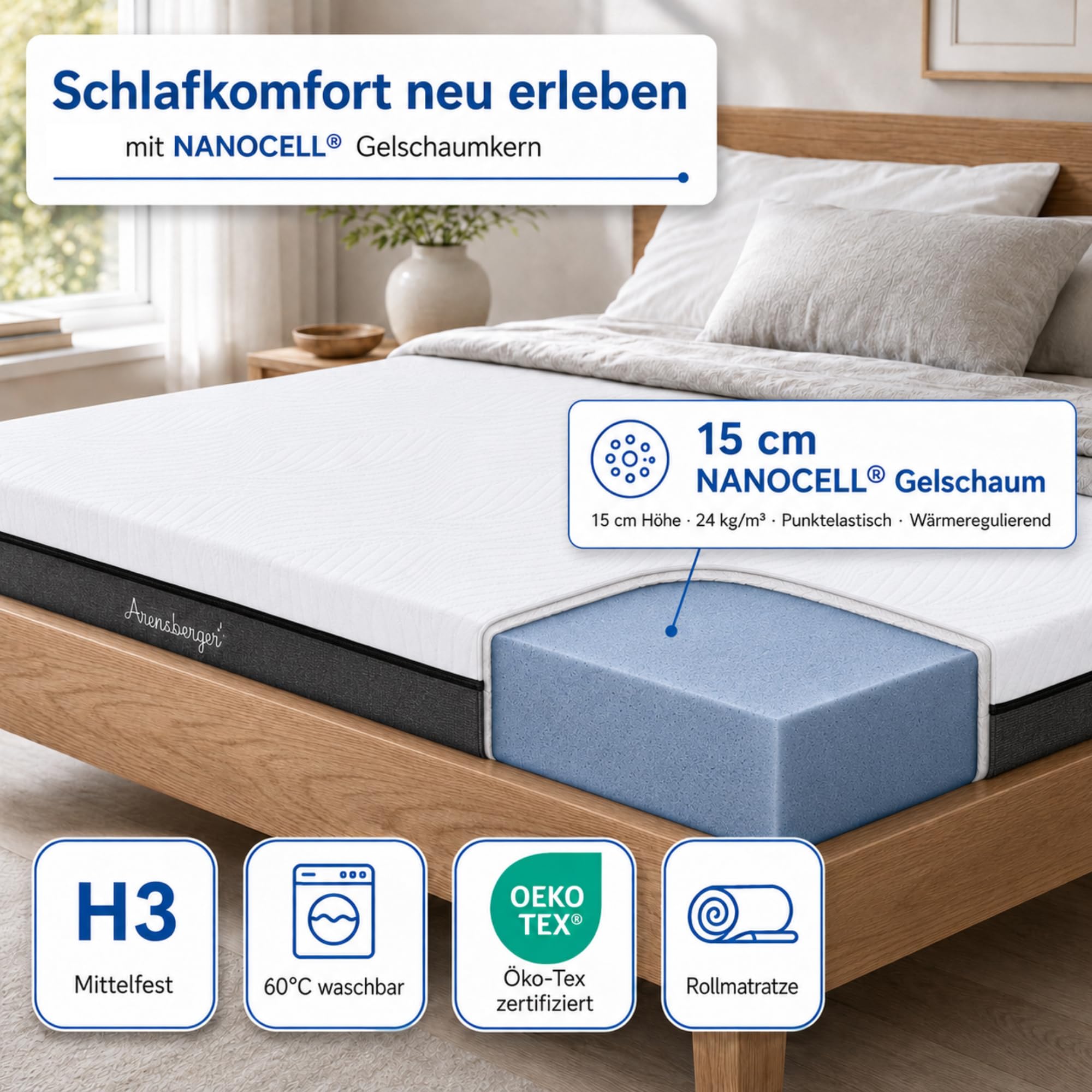 Arensberger Matratze SARA 140x200cm Höhe 16cm | NANOCELL® Gel-Schaum | Mittelfest H3 | Premium-Bezug 240g/m² | 60°C waschbar | Kaltschaum-Matratze 140x200 | Note 1,1 | Öko-Tex Zertifiziert