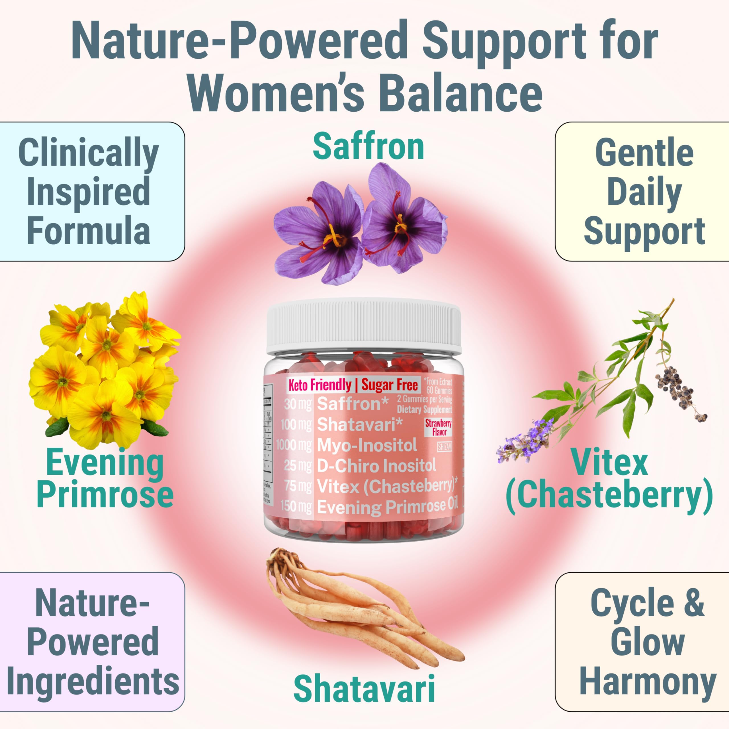 Evening Primrose Oil Vitex Chaste Tree Berry Saffron Threads Extract Shatavari Root Myo-Inositol & D-Chiro Inositol Gummies for Women Capsules Power Supplement Alt Organic Chasteberry Herb Myoinositol — Amazon image 6