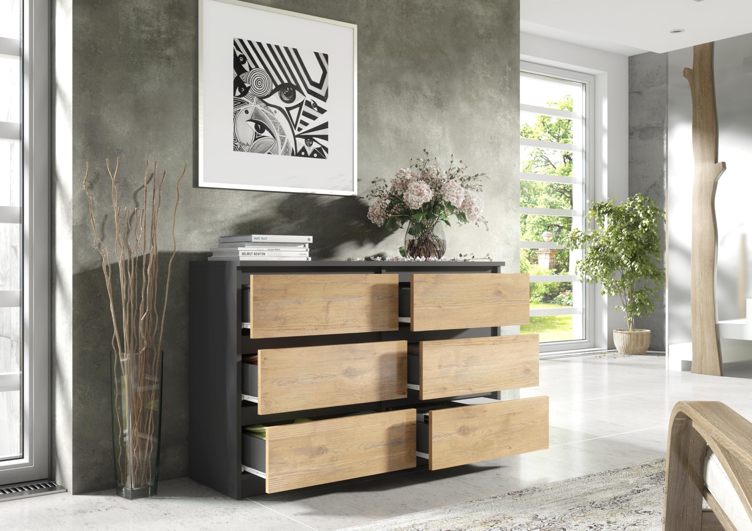 meble masztalerz Komoda Antracyt/Lancelot 120 cm Matowa z 6 szufladami - 120x78,5x39 cm - Komoda do salonu, sypialni - Szafka z szufladami - Komoda z szufladami | Szafa komodowa 120 x 78, 5 x 39 cm, nowoczesna szafa z szufladami, kredens do salonu, przedp