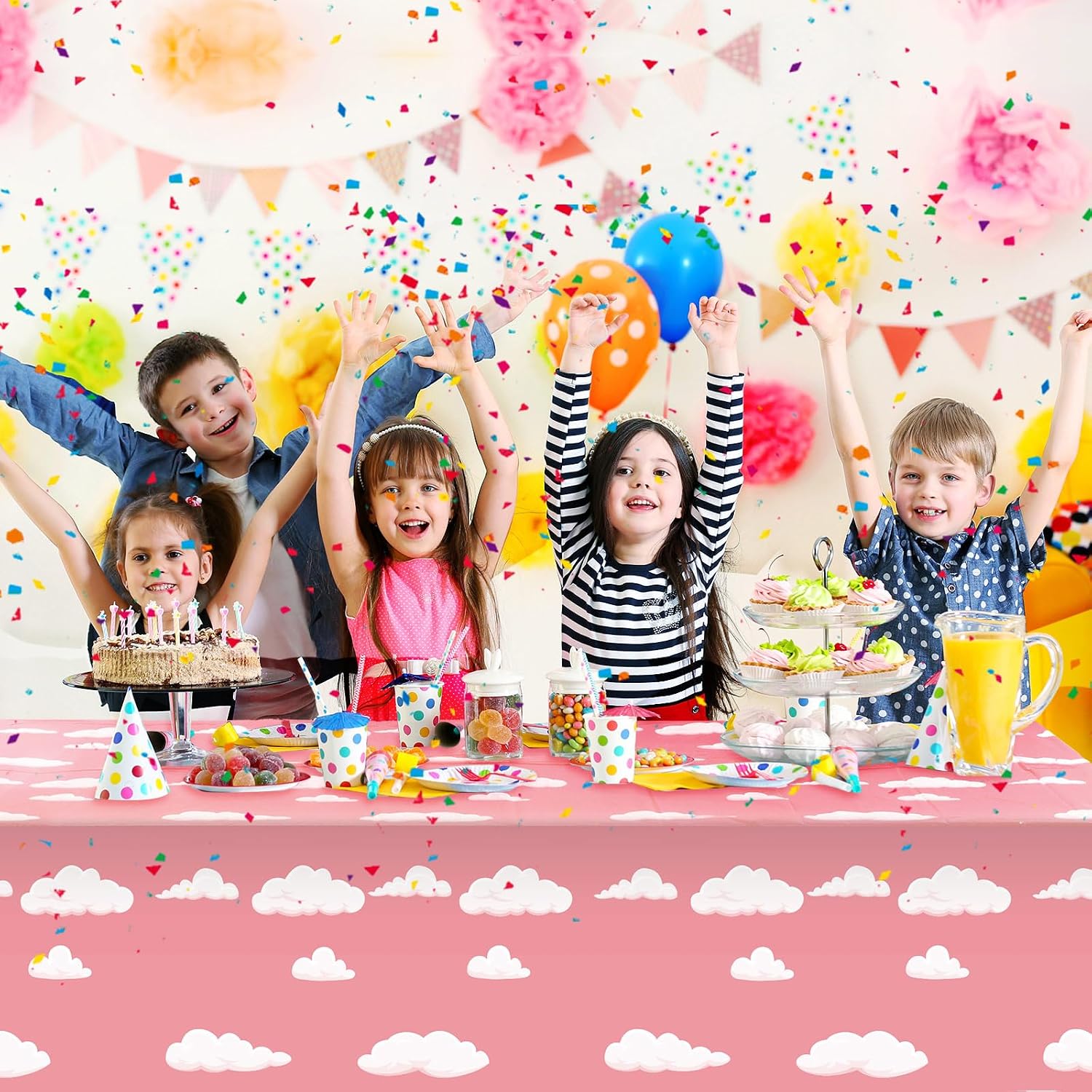 Tatuo 12 Pieces Pink Sky White Clouds Birthday Party Supplies Cartoon Story Tablecloth Party Table Cover Cartoon Table Banner for Baby Kids Shower Birthday Decorations, 54 x 108 Inch
