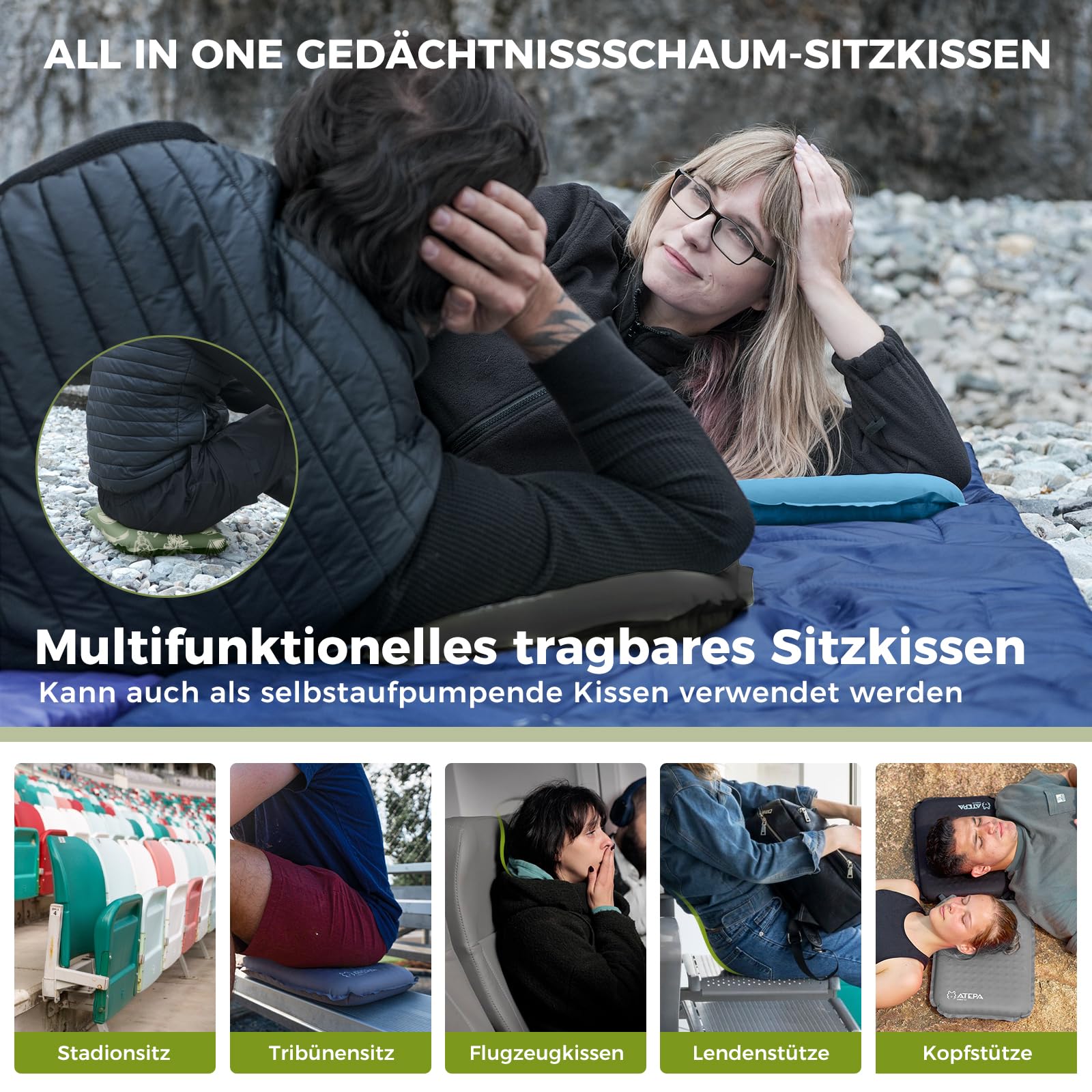ATEPA Sitzkissen Outdoor, Faltbar Aufblasbar Stadion Flugzeug Camping Wander Bürostuhl Ultraleicht Selbstaufblasend, Grau