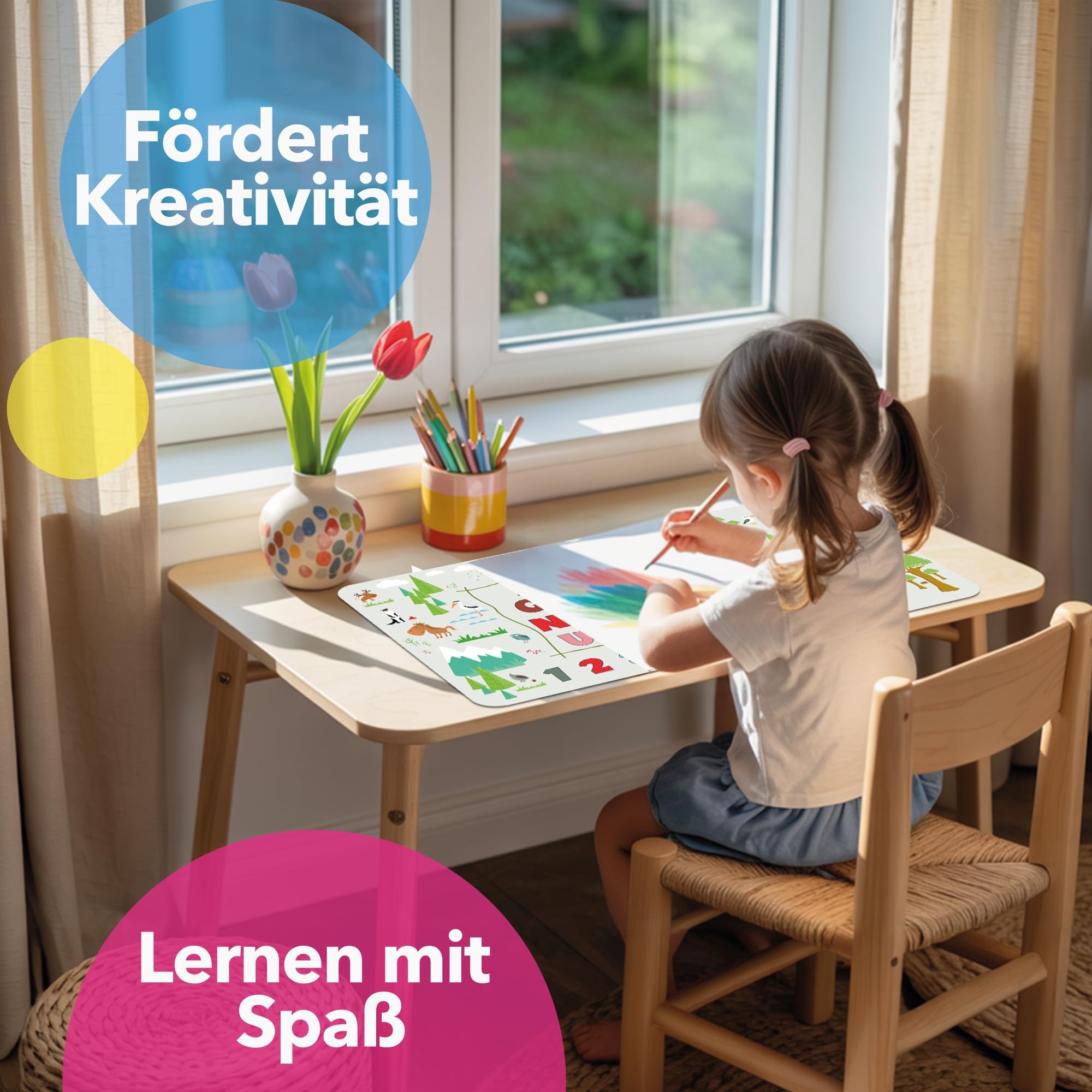 Lineo® Alfombrilla de escritorio para niños – Protector de mesa resistente al agua y antideslizante, superficie educativa para escribir, dibujar y estudiar (Abecedario de animales 70x40 cm)