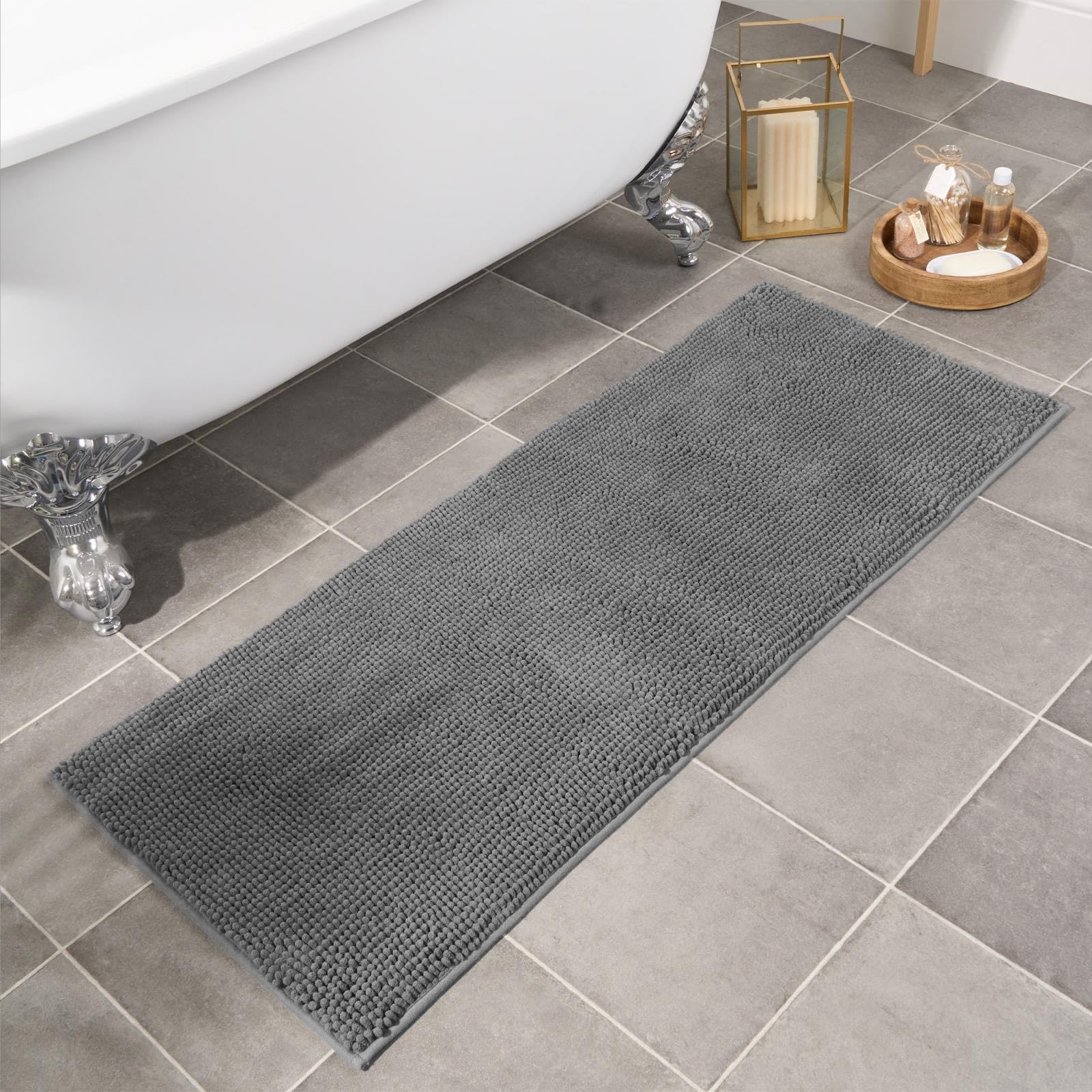 Brentfords Non Slip Bath Mat Charcoal Grey, Noodle Chenille Shower Bathroom Rug Highly Absorbent Washable Floor Mats - 45 x 110cm โ image 1