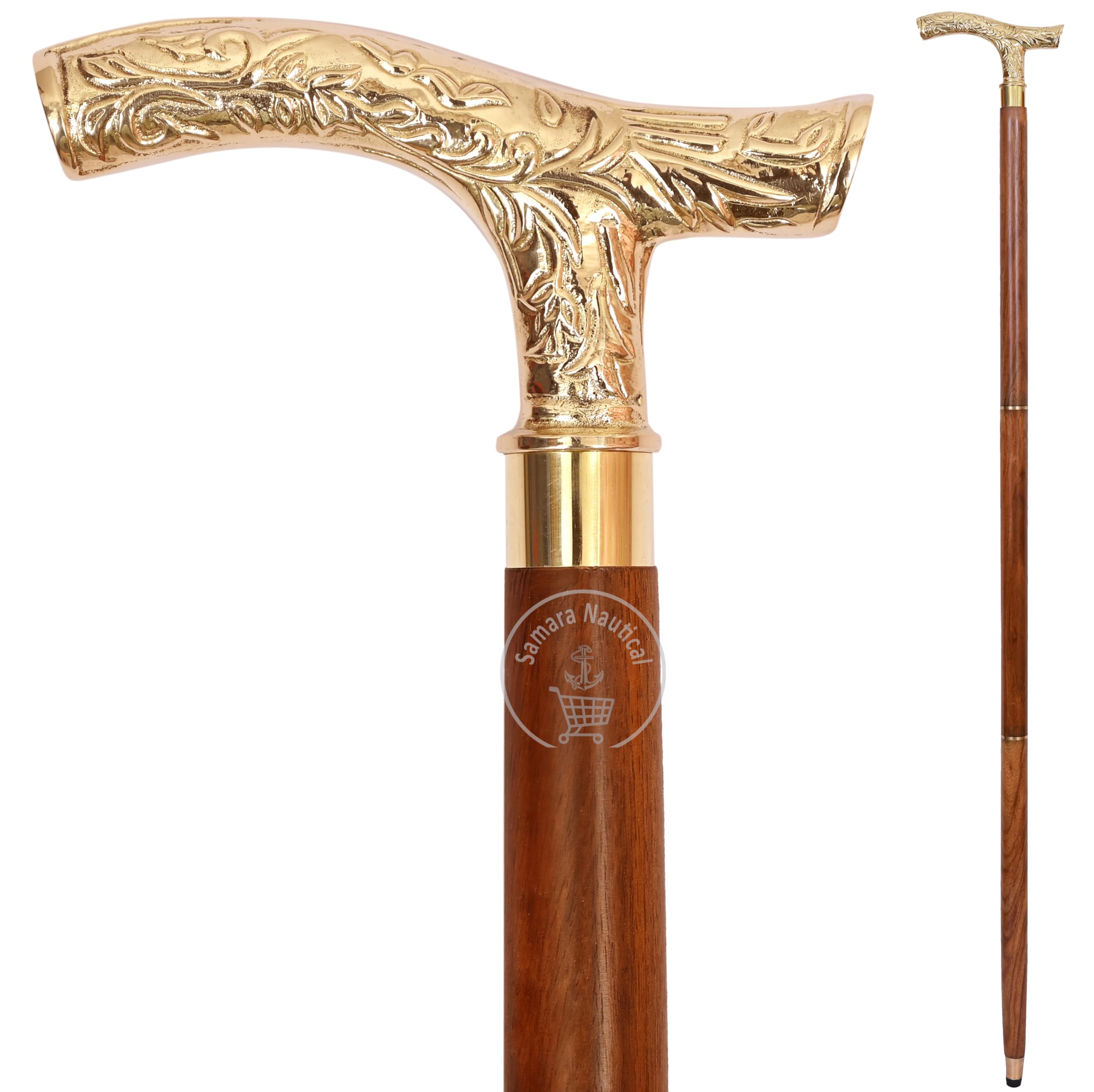 Walking Stick - Men Derby Canes and Wooden Walking Stick for Men and Women - 37" Brown Ebony Brass T Shape Handle in Golden Tone Natural Wood Unisex Cane