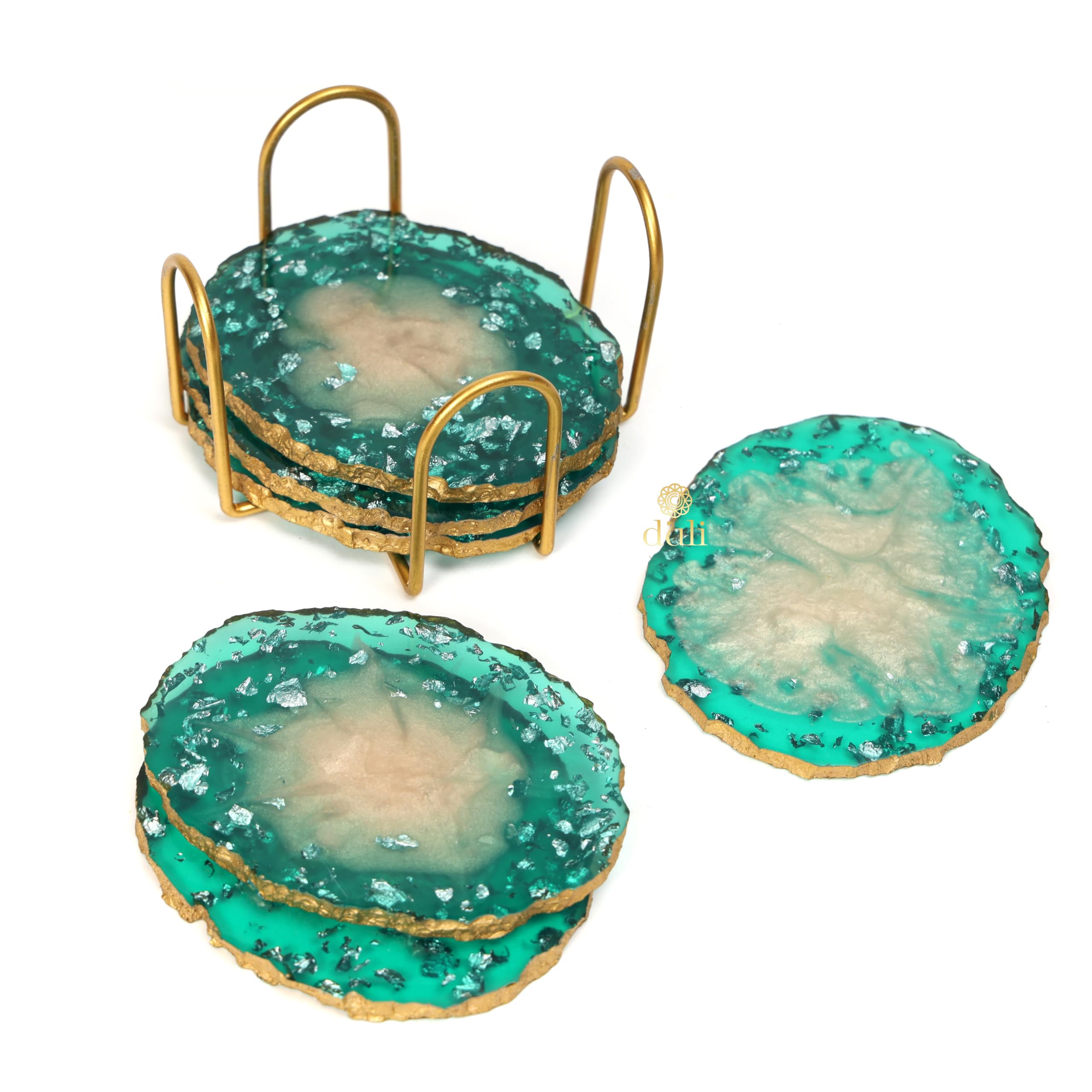 DULI Resin Coasters Set of 6 with Stand - Bar Wine Coasters for Table - Set of 6 Classy Yet Stylist Handmade Marble Stone Coaster Set with Holder (ResinCoasterW/G-Stand:GreenMetallicFlake) 2
