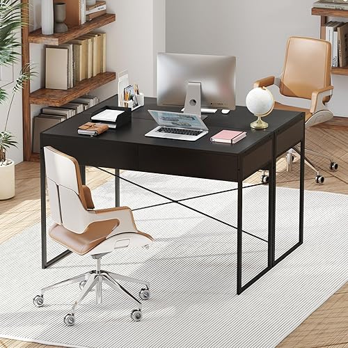 Miniatura 9 de GOFLAME Moderno escritorio para computadora de 2 cajones, escritorio de oficina en casa con marco de metal reforzado de alta resistencia, escritorio