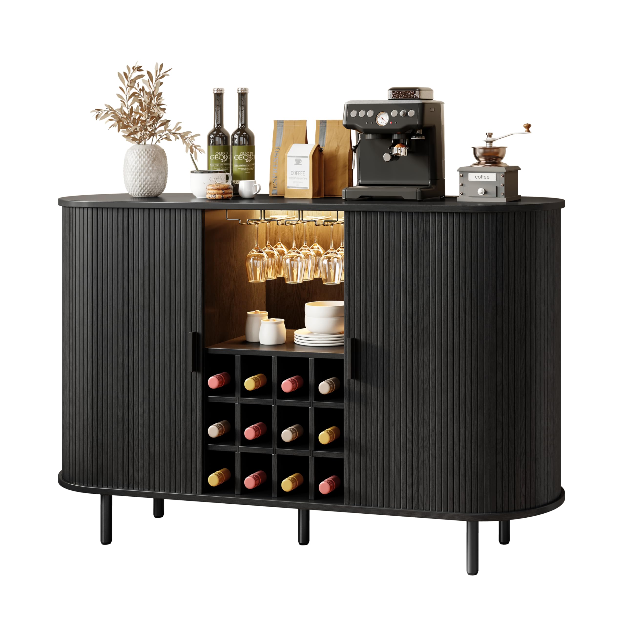 55" Wine Cabinet, Fluted Coffee Bar Cabinet with LED Light, Modern Liquor Coffee Station with Power Outlet, Wine Rack & Glass Holder, Sliding Door