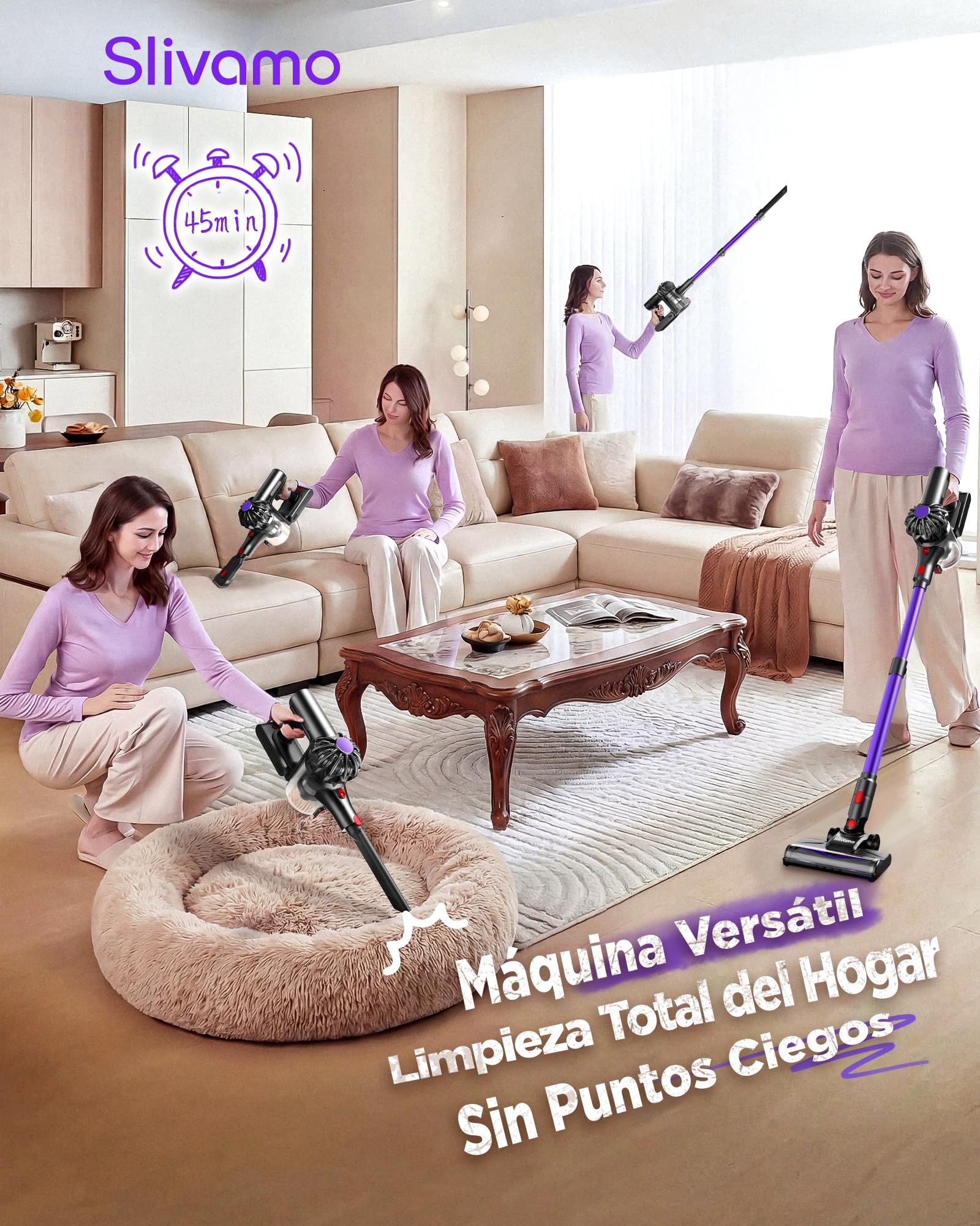 S16 Aspiradora sin Cable, 50kPa/600W/45min, Batería Extraíble, Aspiradora de Mano Ligera con Luz LED Verde, Aspiradora Escoba Inalámbrica para Pelo de Mascota/Suelo Duro, Violeta