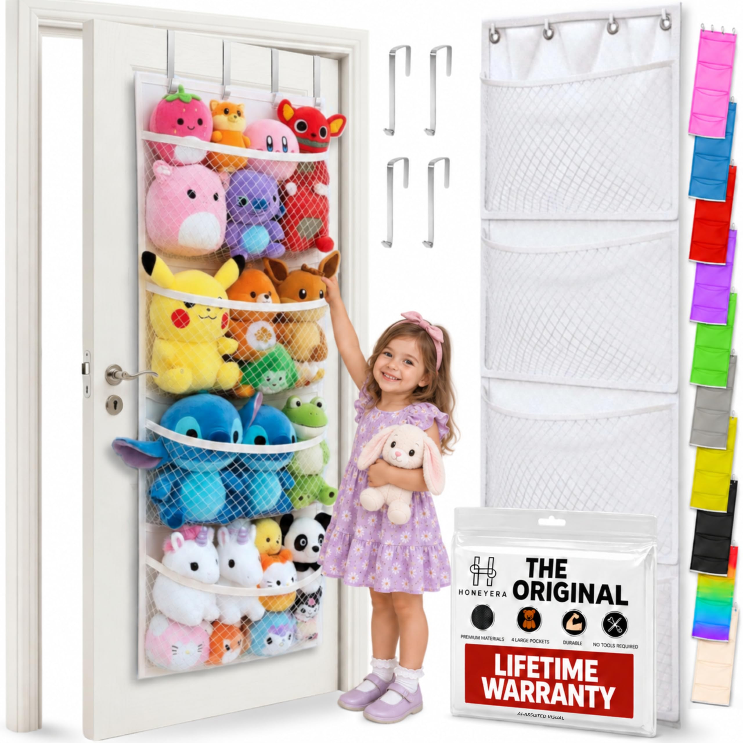 Honeyera The Original Stuffed Animal Storage (Patented) - Over Door Organizer for Stuffies, Baby Ideas Holder, Toy Plush Hammock Hanging Net Big Girls Toddler Large Bag Animals Stuffy
