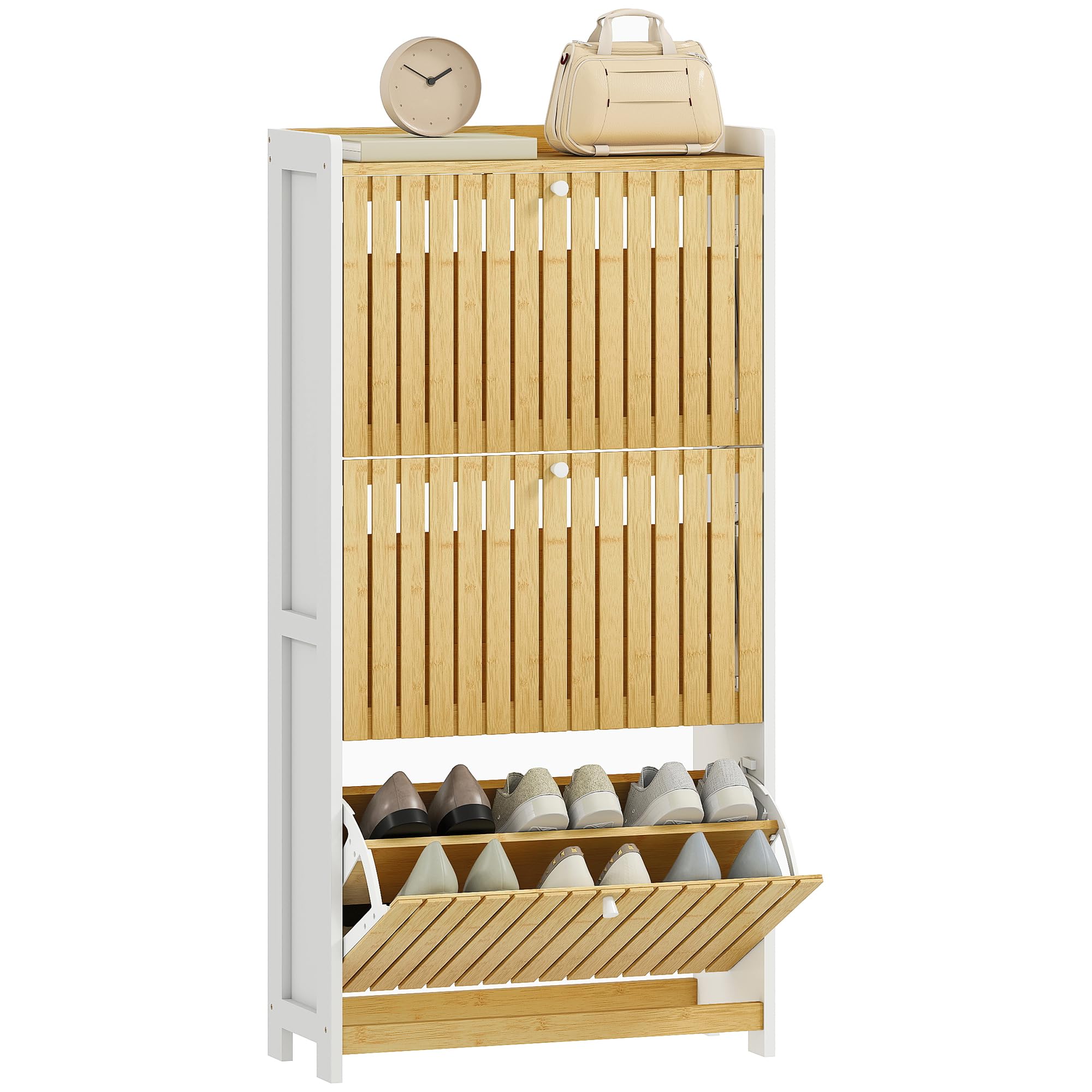HOMCOM Meuble à Chaussures 18 Paires, 60x24x118cm Blanc et Bois Naturel