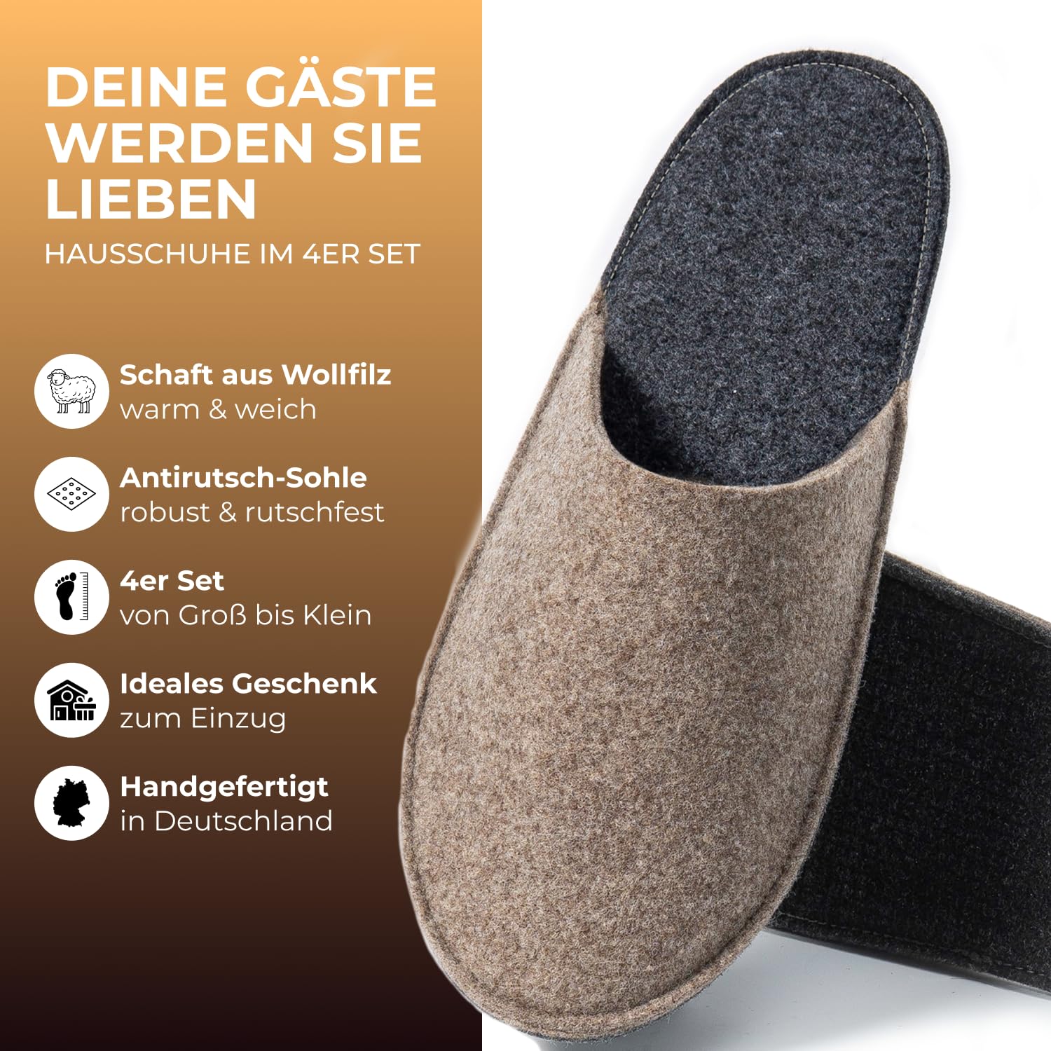 Wollfilz Gästehausschuhe Set mit Anti-Rutsch Sohle - Made in Germany - Gästepantoffeln Unisex Hausschuhe Gäste EU 36-47