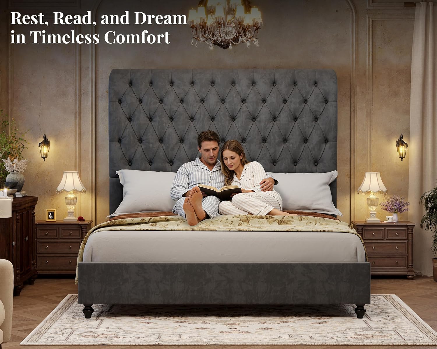 Jocisland Queen Size Bed Frame with 59" Tall Upholstered Headboard, Luxury Velvet Bed with Handcrafted Deep-Tufted Design and Solid Wood Legs, Noise-Free, No Box Spring Needed,Light Gray