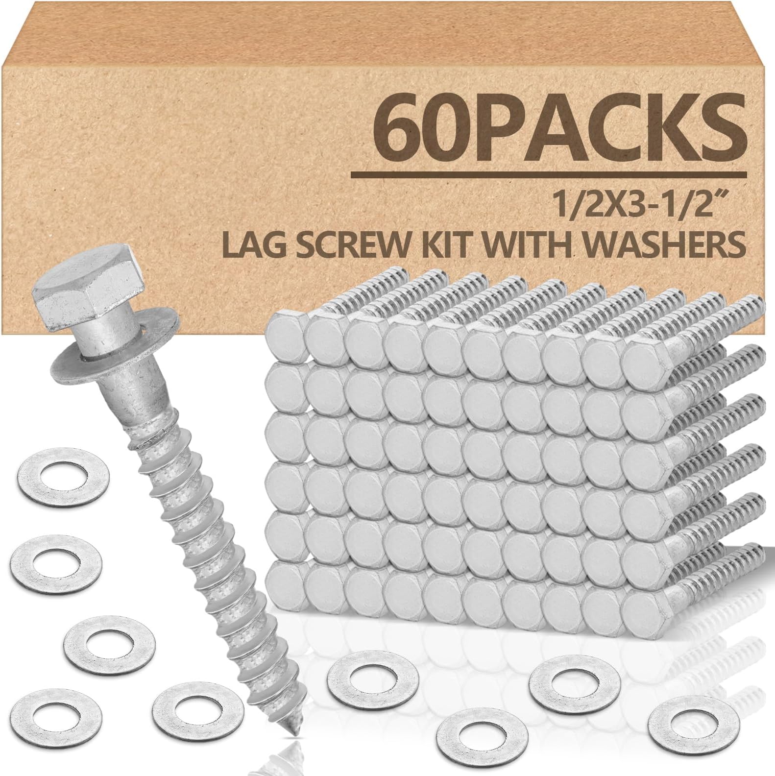 Tandefio 60 Pack 1/2 x 3''- 1/2'' Lag Screw Kit with Washers Hot Hot Dip Galvanized Hex Lag Bolts Heavy Duty Wood Screws for Wood Decks Fences