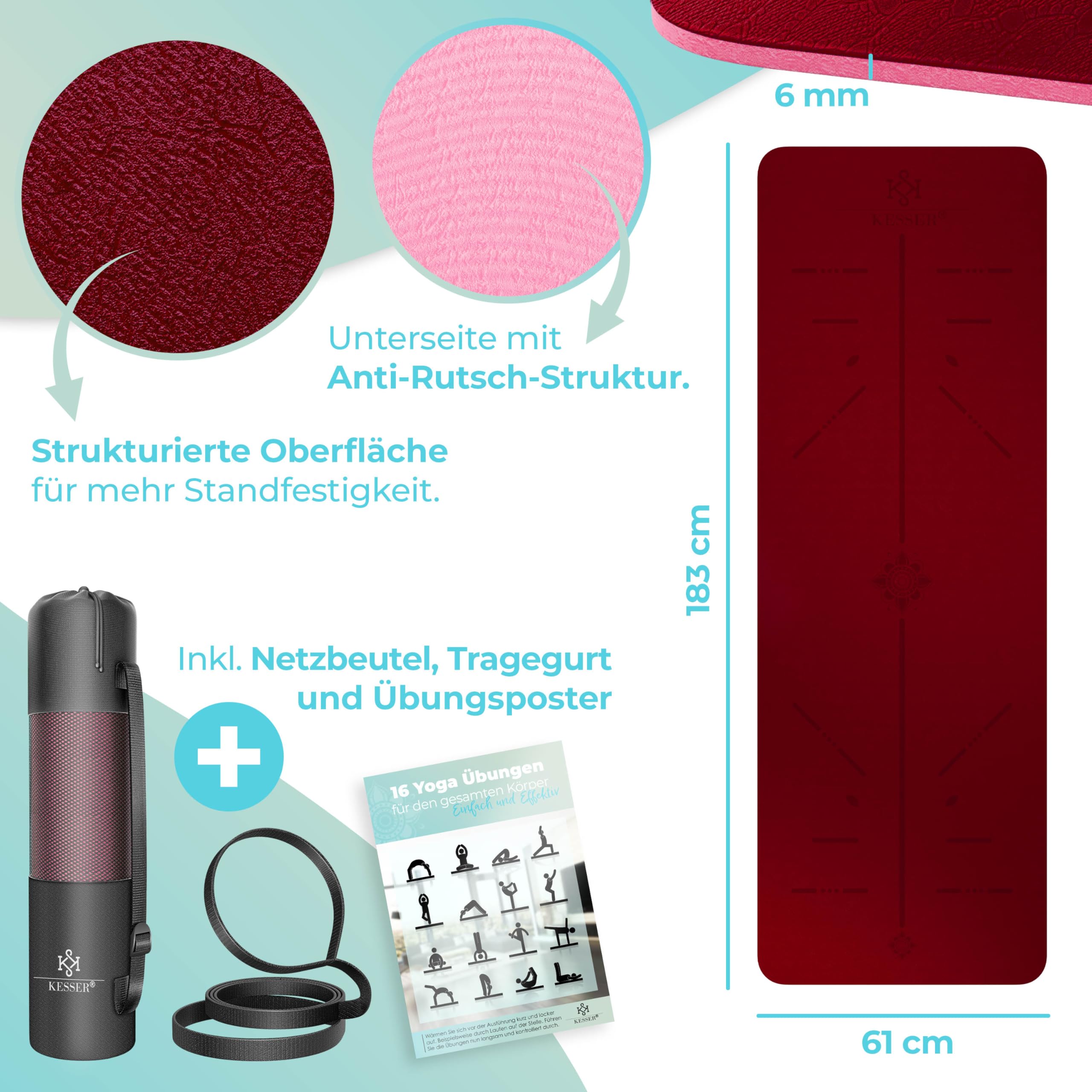 KESSER® Esterilla de gimnasia con correa de transporte, esterilla de yoga de TPE, acolchada y antideslizante, 183 x 61, esterilla de para deportes de fitness, Pilates y gimnasia