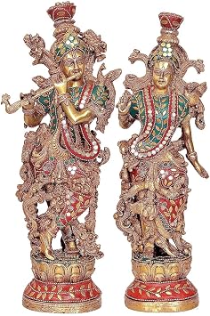 Liv Brass Radha Krishna Statue 14 Inch Large, Lord Krishna Idol with Stonework Finish, Easter Decor House Warming Gifts Religious Sculptures Return Home Temple