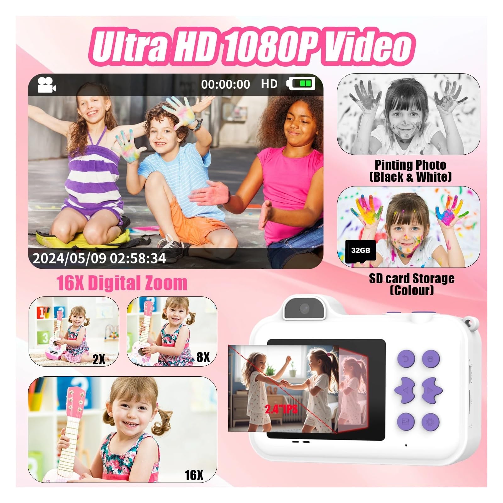 Fotocamera a stampa istantanea for bambini Mini videocamera digitale Doppia lente Stampa fotografica Carta termica Giocattoli Fotocamera Ragazzi Ragazze Regali(White Purple)