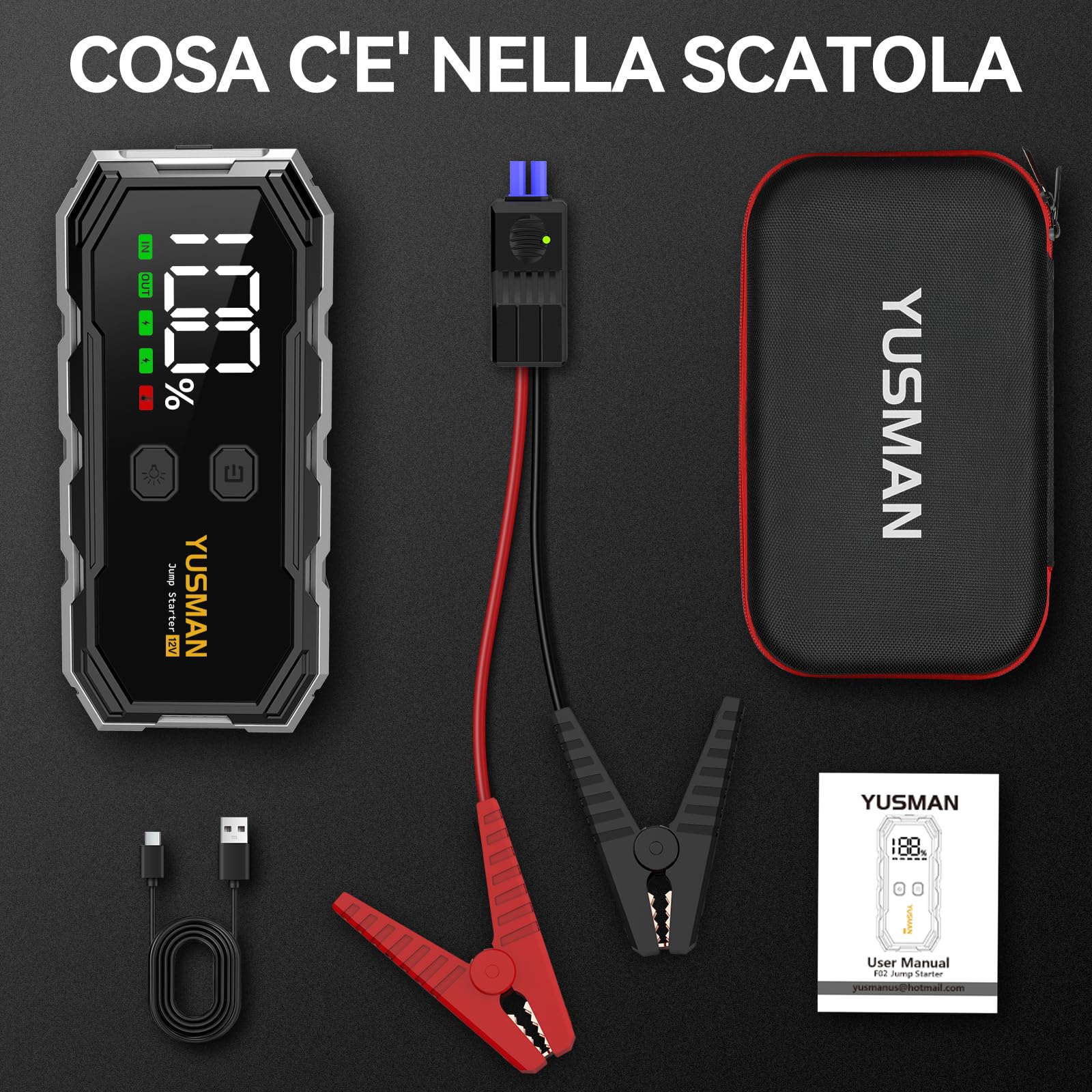 YUSMAN Avviatore Batteria Auto 9000A,12V Booster Avviamento Portatile per Auto benzina e diesel fino a 10.0L, Jump Starter con Cavi Intelligenti, Power Bank USB-C, Torcia LED e Protezioni di Sicurezza