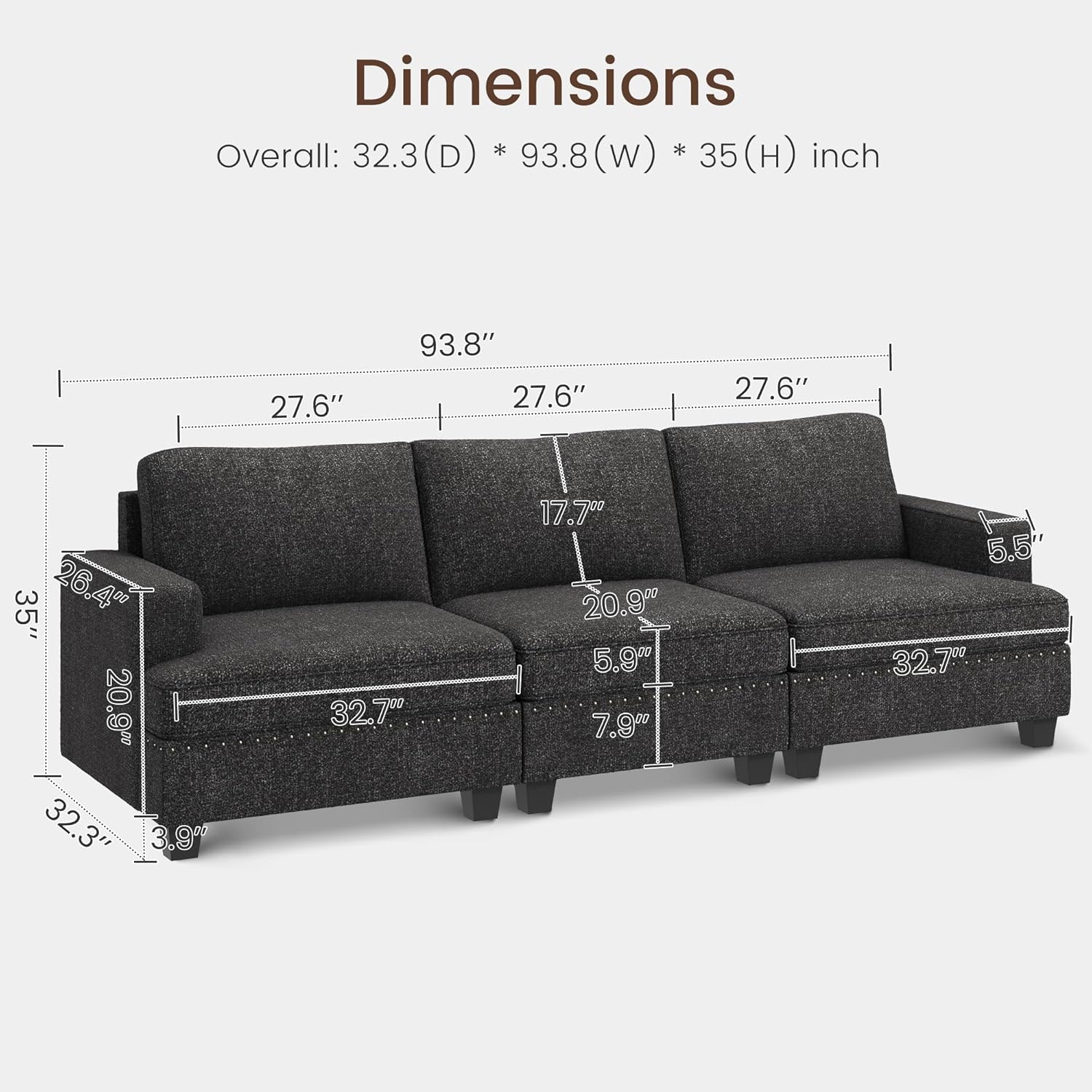 Nolany Modular Sofa Couch Upholstered Fabric Oversized 3 Seat Couch Sofa for Living Room, Dark Grey