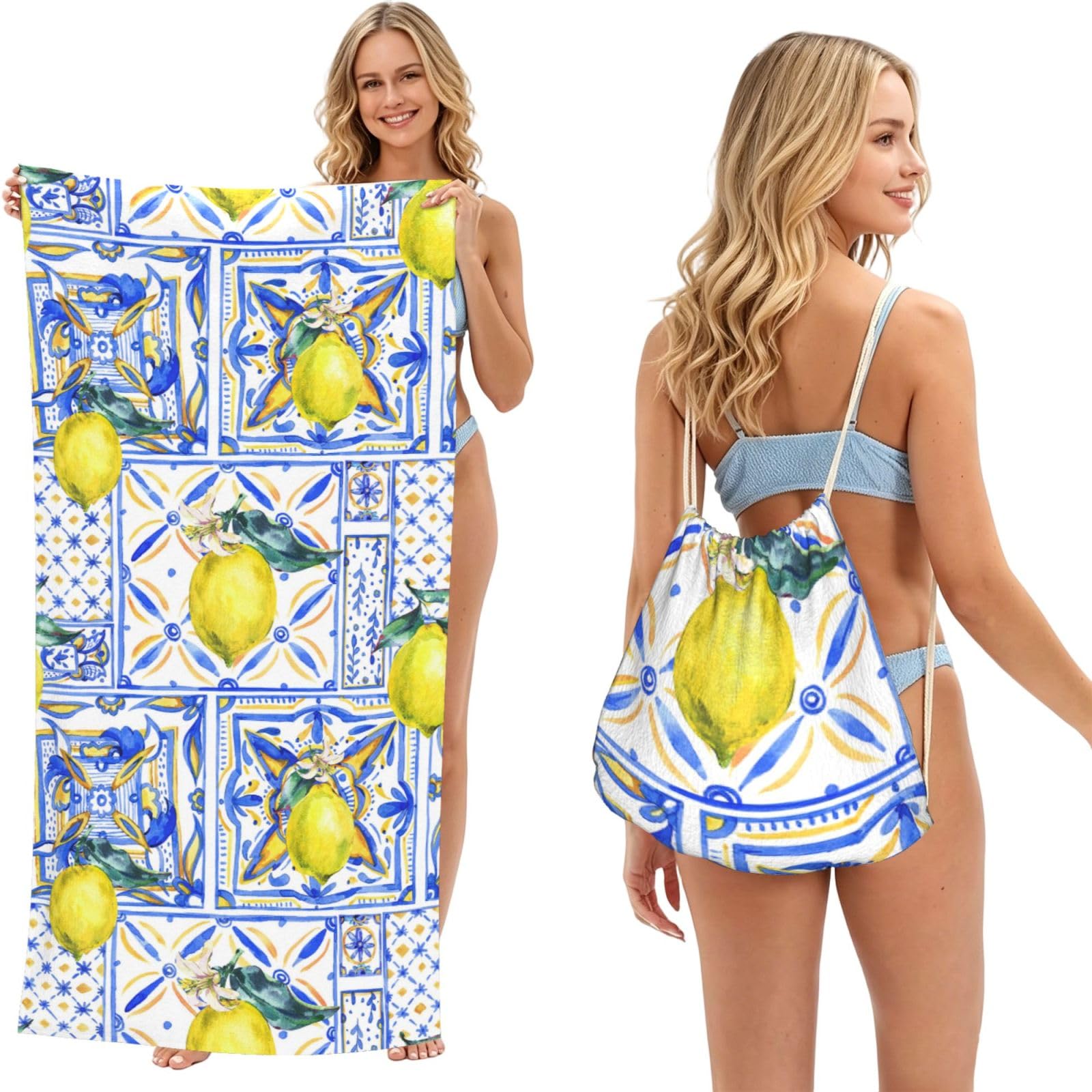 Poadnly As Picture Lemon Blue Ink Art, 2 In 1 Packable Towel Bag, Beach Towels With Drawstring Backpack For Travel Holiday Camping