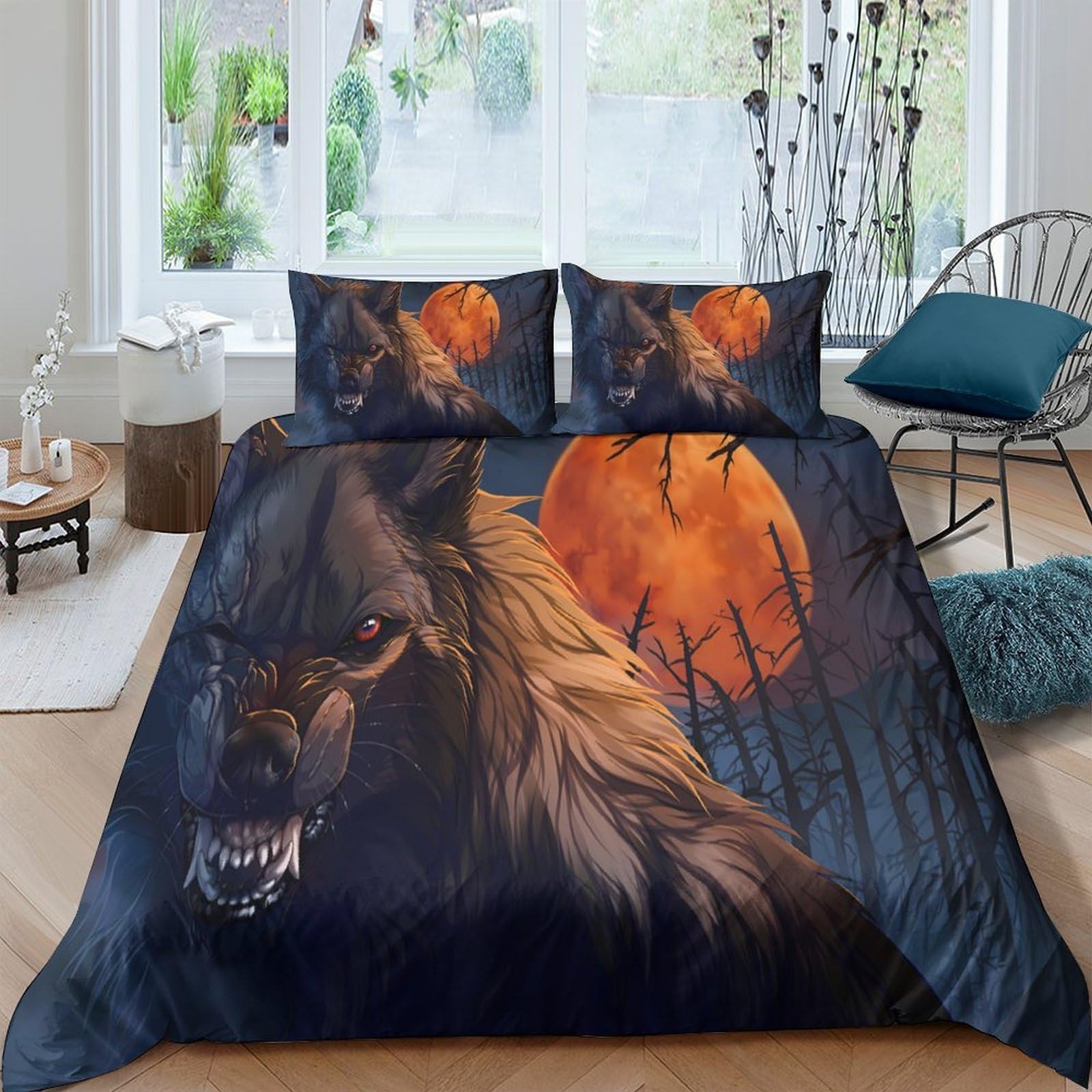 P5V6M1Q9 3D Printed Werewolf Moon Duvet Cover Microfiber Soft Breathable Night Forest Bedding Set with 2 Pillowcases for Bedroom Decor Single（135x200cm）