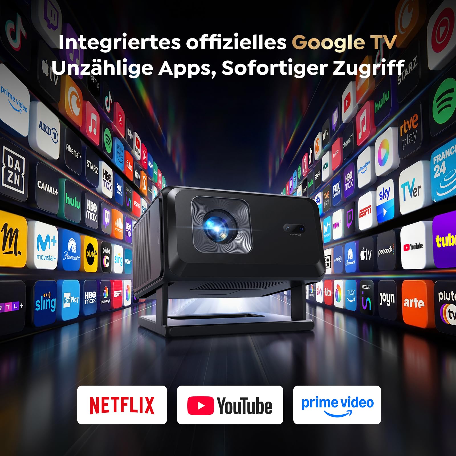 [Google TV & Offizielle Apps] Beamer 4K Unterstützt, Smart Beamer Heimkino 1080P FHD, Autofokus & Trapezkorrektur, WiFi Bluetooth Tragbarer Projektor mit Drehständer für Outdoor/Handy